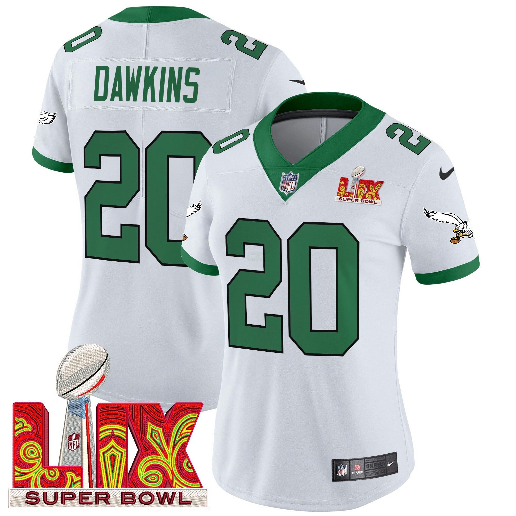 Camisa NFL Women’s Philadelphia Kelly Green Super Bowl LIX Patch Vapor Limited Jersey