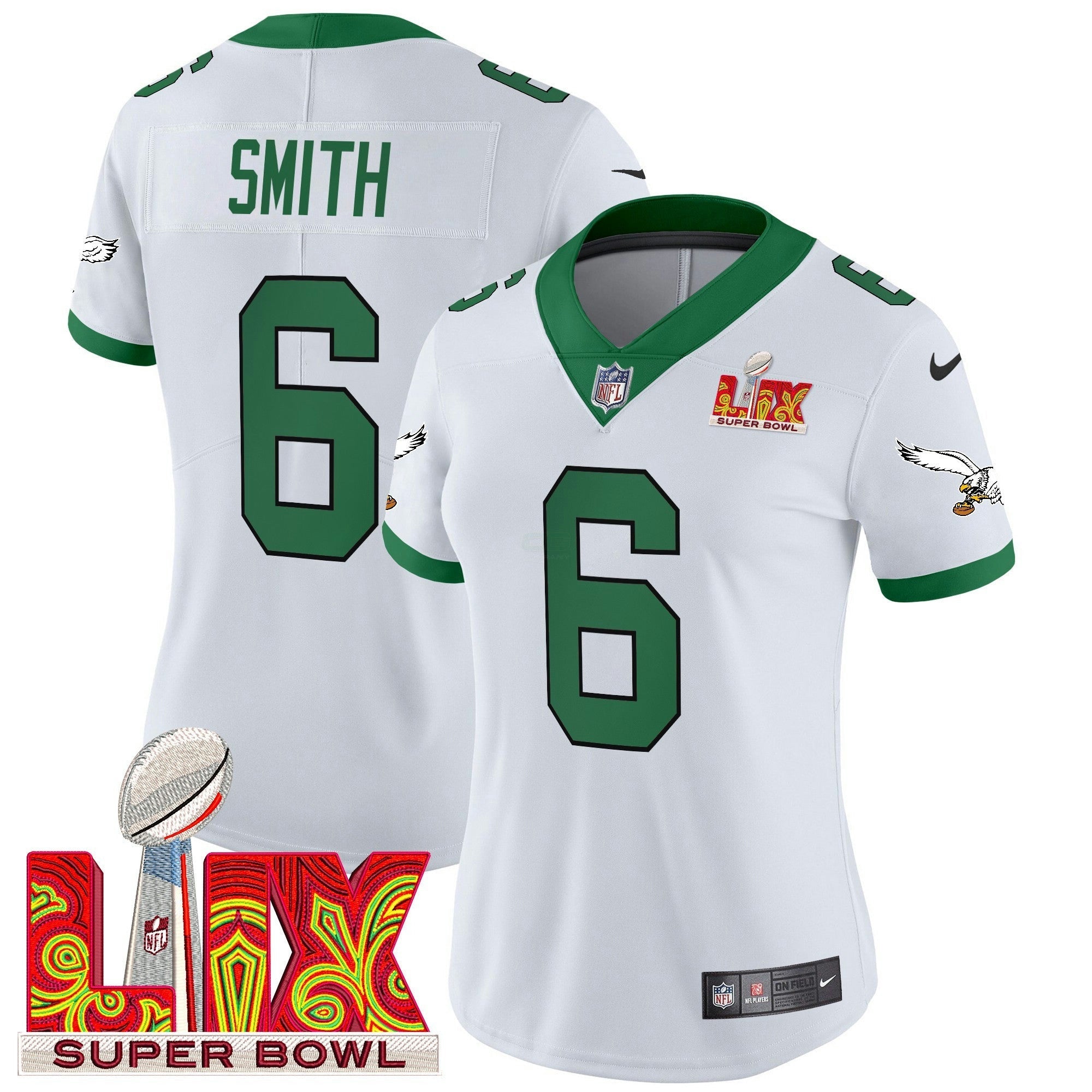 Camisa NFL Women’s Philadelphia Kelly Green Super Bowl LIX Patch Vapor Limited Jersey