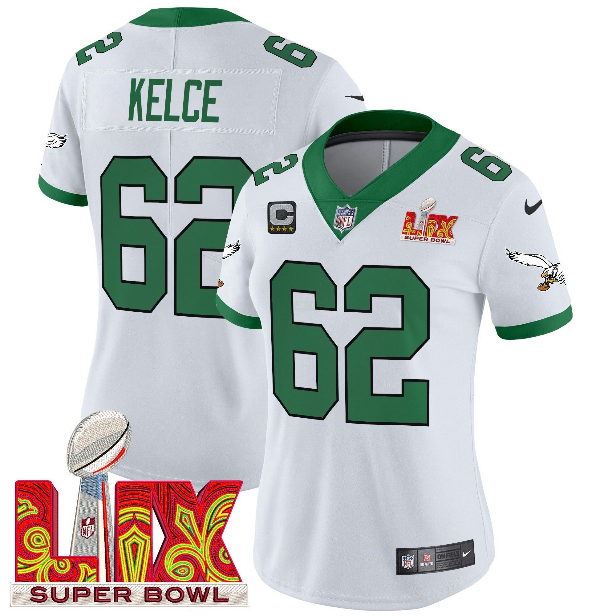 Camisa NFL Women’s Philadelphia Kelly Green Super Bowl LIX Patch Vapor Limited Jersey