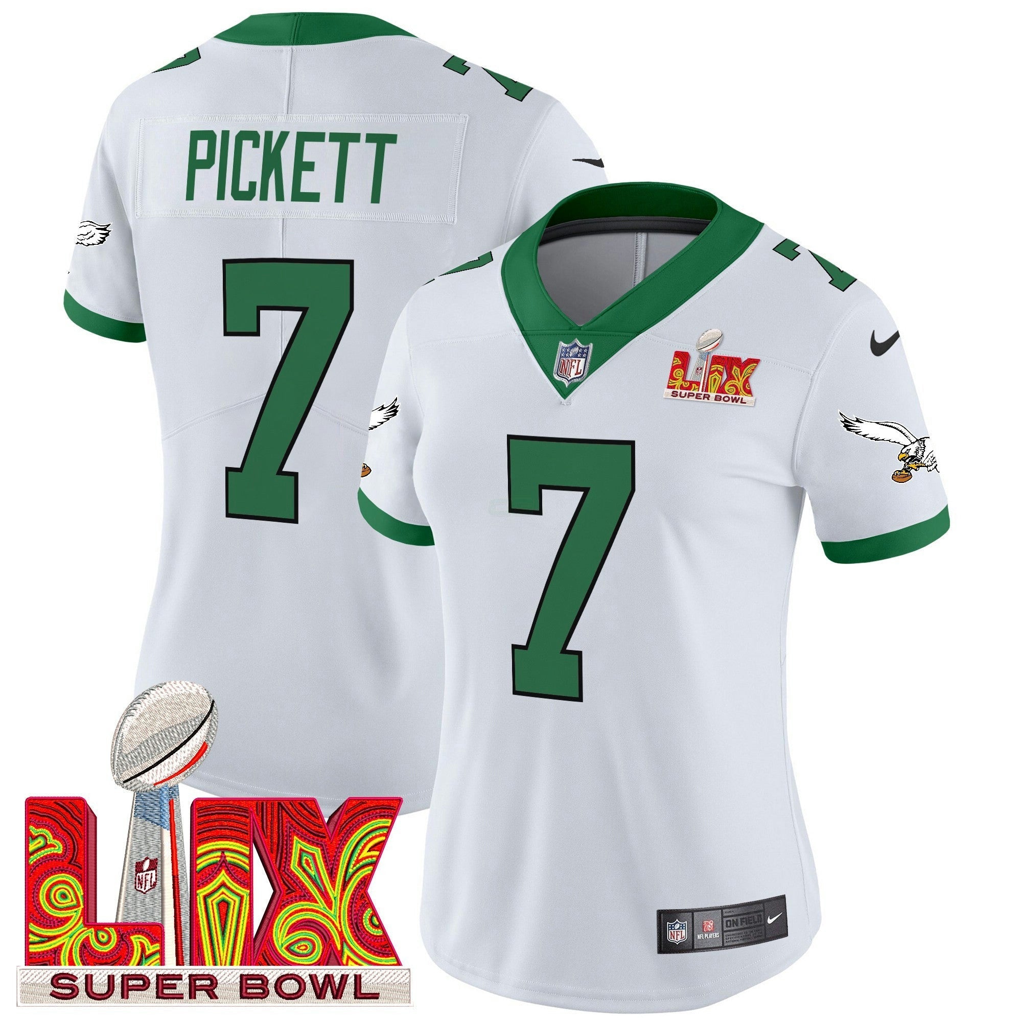 Camisa NFL Women’s Philadelphia Kelly Green Super Bowl LIX Patch Vapor Limited Jersey