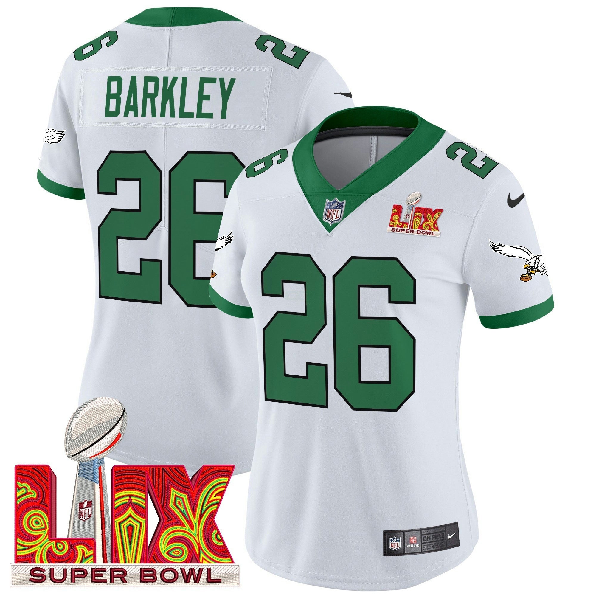 Camisa NFL Women’s Philadelphia Kelly Green Super Bowl LIX Patch Vapor Limited Jersey