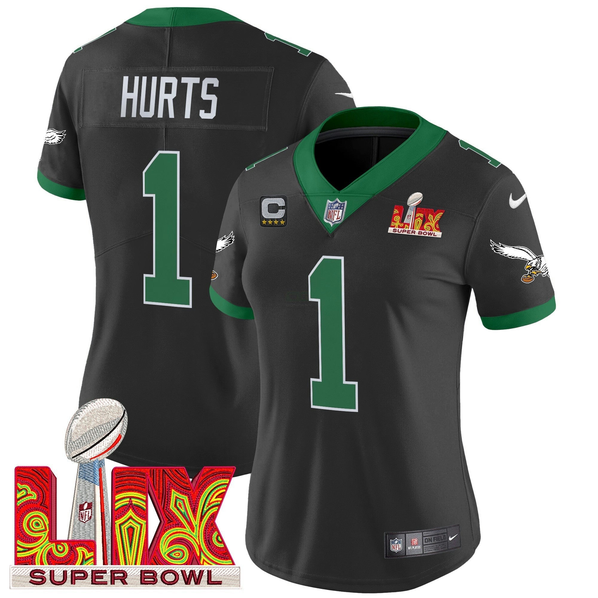Camisa NFL Women’s Philadelphia Kelly Green Super Bowl LIX Patch Vapor Limited Jersey