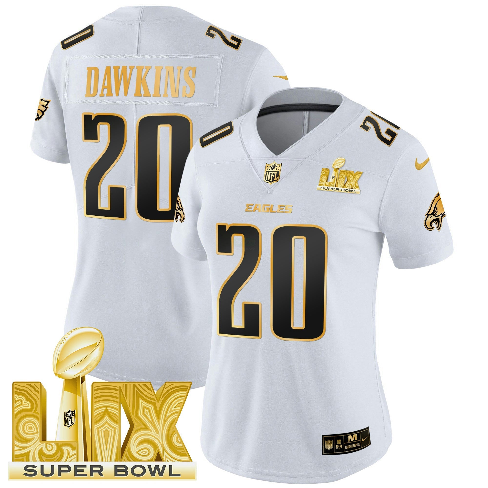 Camisa NFL Women’s Philadelphia Super Bowl LIX Patch Dourada Vapor Limited Jersey