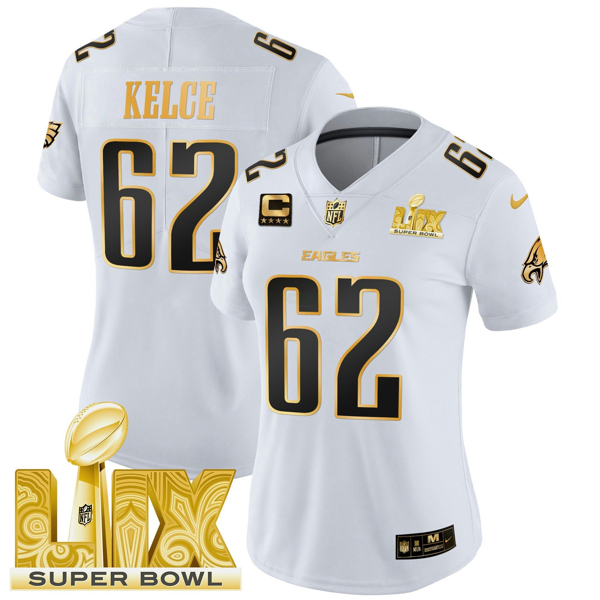 Camisa NFL Women’s Philadelphia Super Bowl LIX Patch Dourada Vapor Limited Jersey