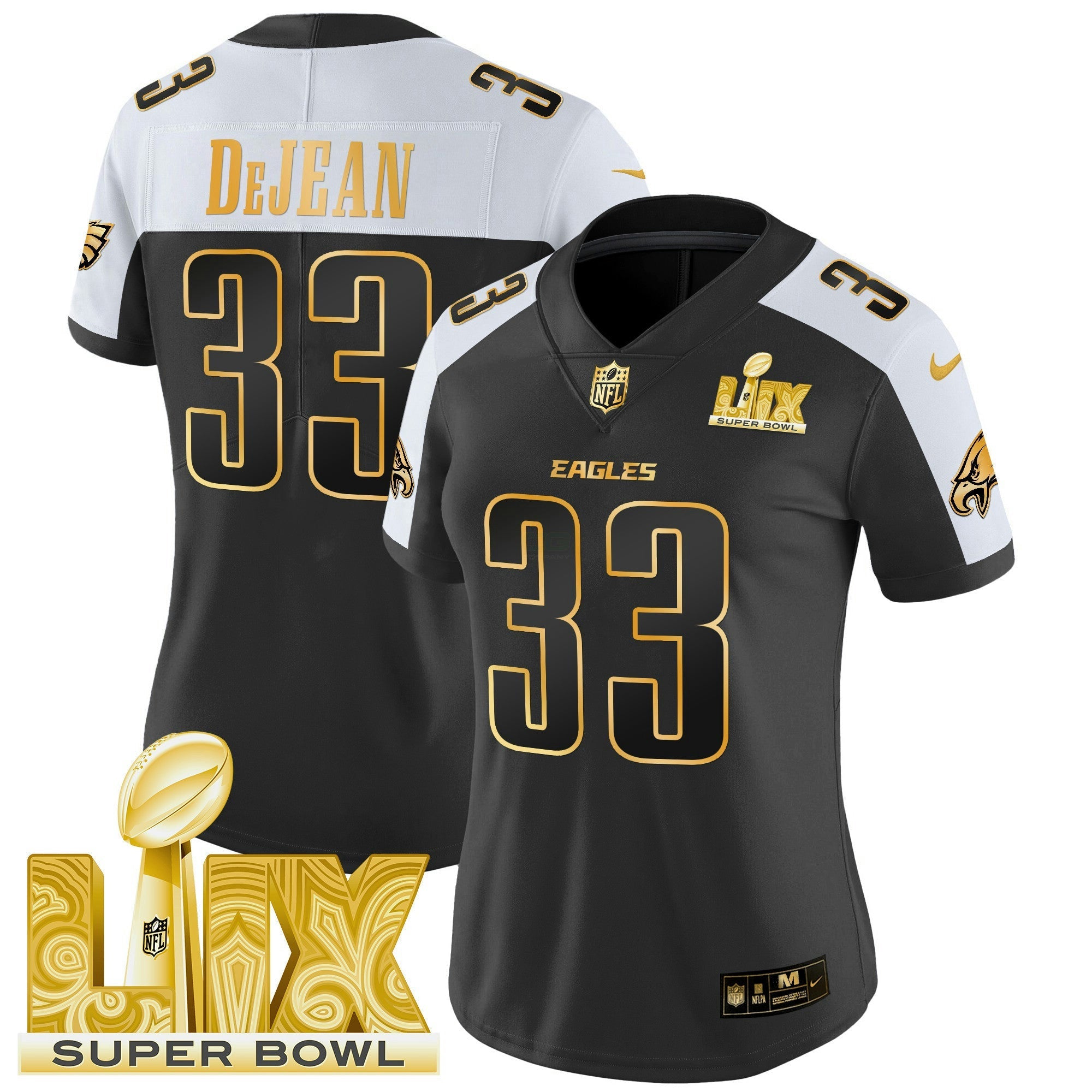 Camisa NFL Women’s Philadelphia Super Bowl LIX Patch Dourada Vapor Limited Jersey