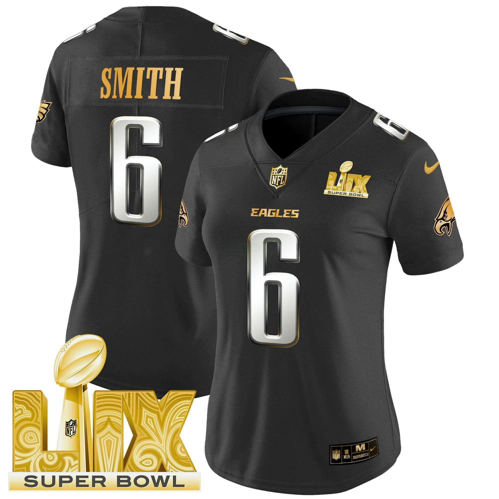 Camisa NFL Women’s Philadelphia Super Bowl LIX Patch Dourada Vapor Limited Jersey