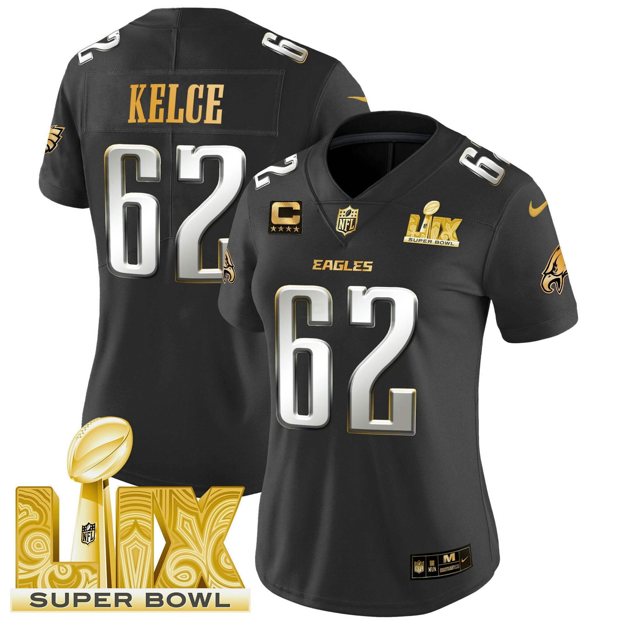 Camisa NFL Women’s Philadelphia Super Bowl LIX Patch Dourada Vapor Limited Jersey