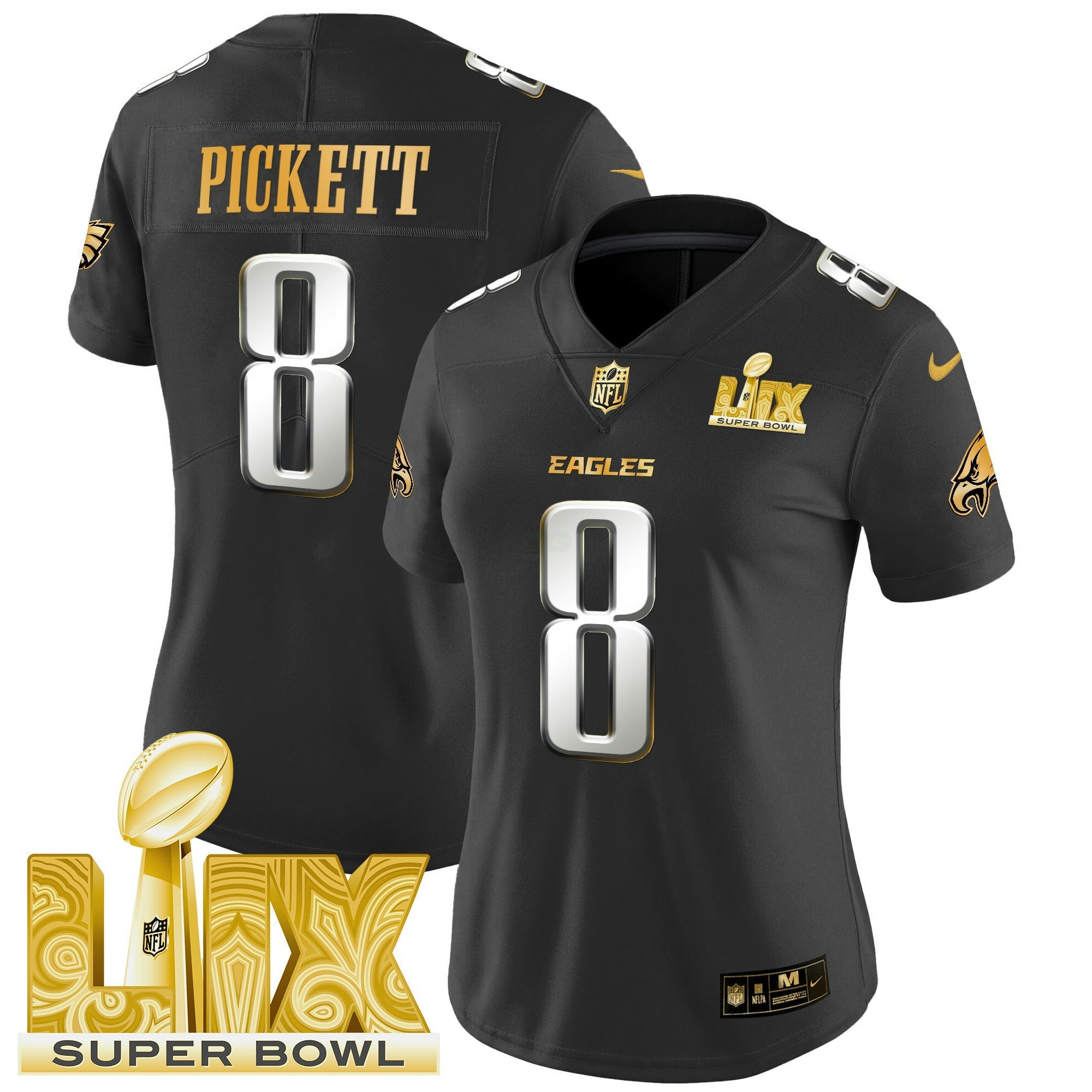 Camisa NFL Women’s Philadelphia Super Bowl LIX Patch Dourada Vapor Limited Jersey
