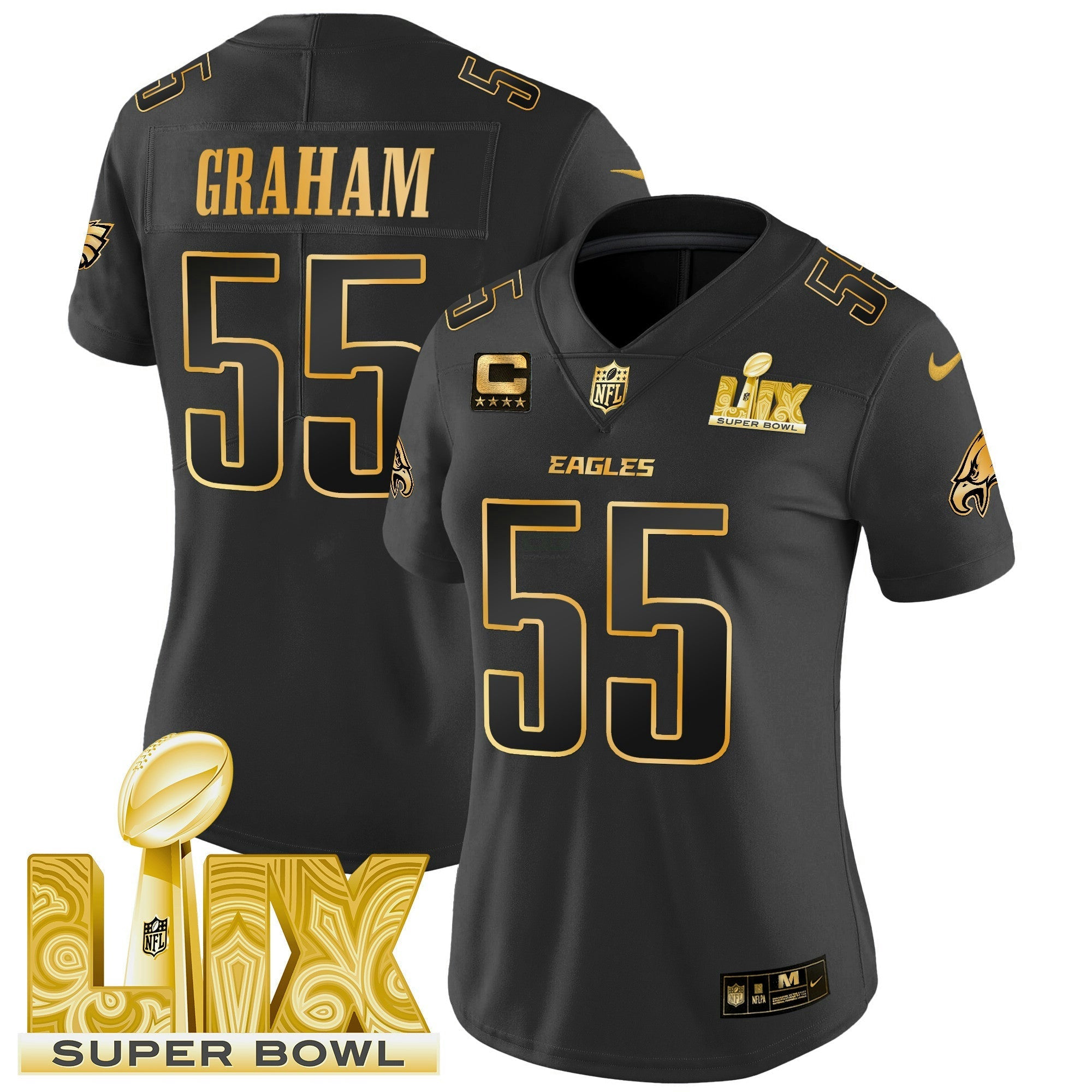 Camisa NFL Women’s Philadelphia Super Bowl LIX Patch Dourada Vapor Limited Jersey