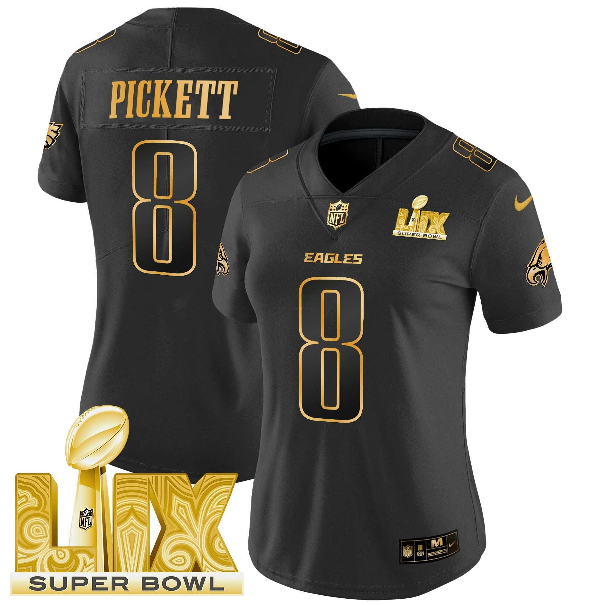 Camisa NFL Women’s Philadelphia Super Bowl LIX Patch Dourada Vapor Limited Jersey