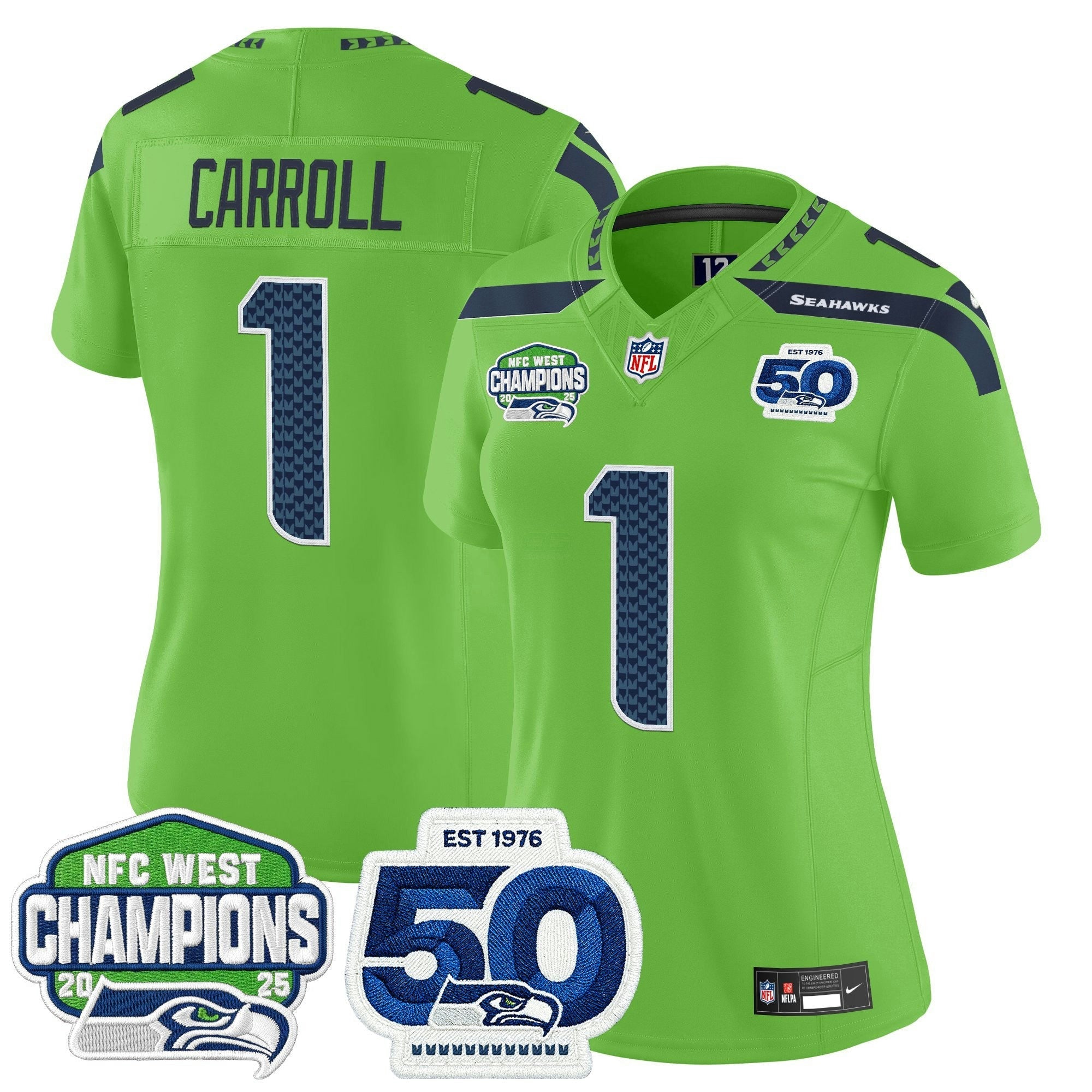 Camisa NFL Women’s Seattle 2025 NFC West Division Champions & 50th Anniversary Patch Vapor Limited Jersey