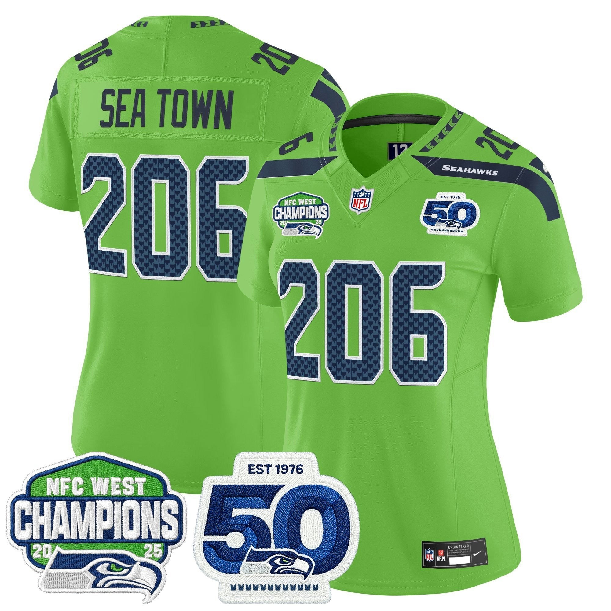 Camisa NFL Women’s Seattle 2025 NFC West Division Champions & 50th Anniversary Patch Vapor Limited Jersey