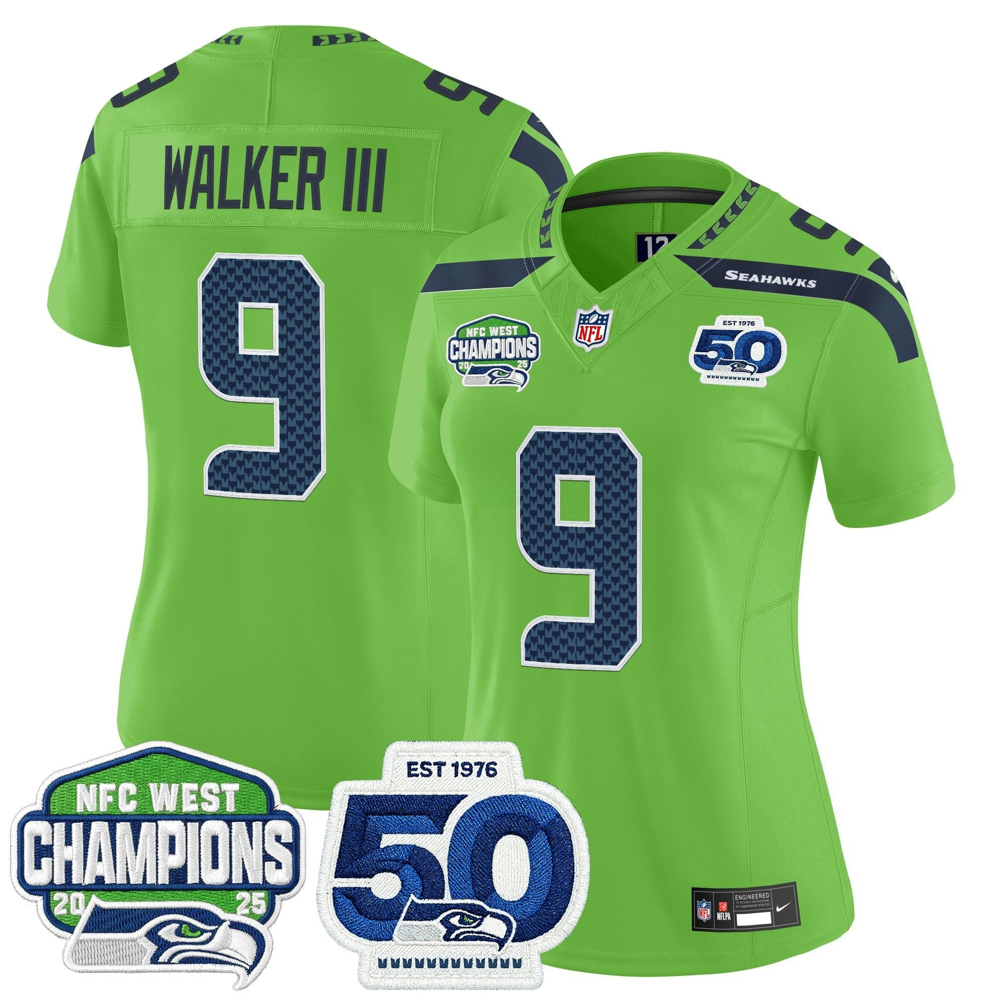 Camisa NFL Women’s Seattle 2025 NFC West Division Champions & 50th Anniversary Patch Vapor Limited Jersey