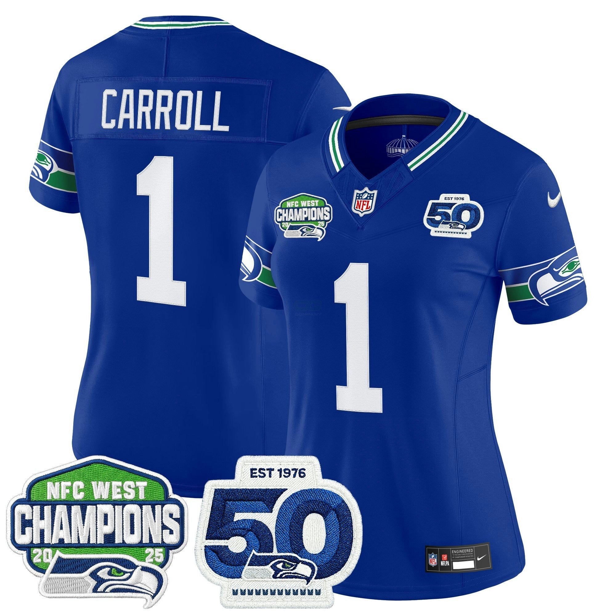 Camisa NFL Women’s Seattle 2025 NFC West Division Champions & 50th Anniversary Patch Vapor Limited Jersey