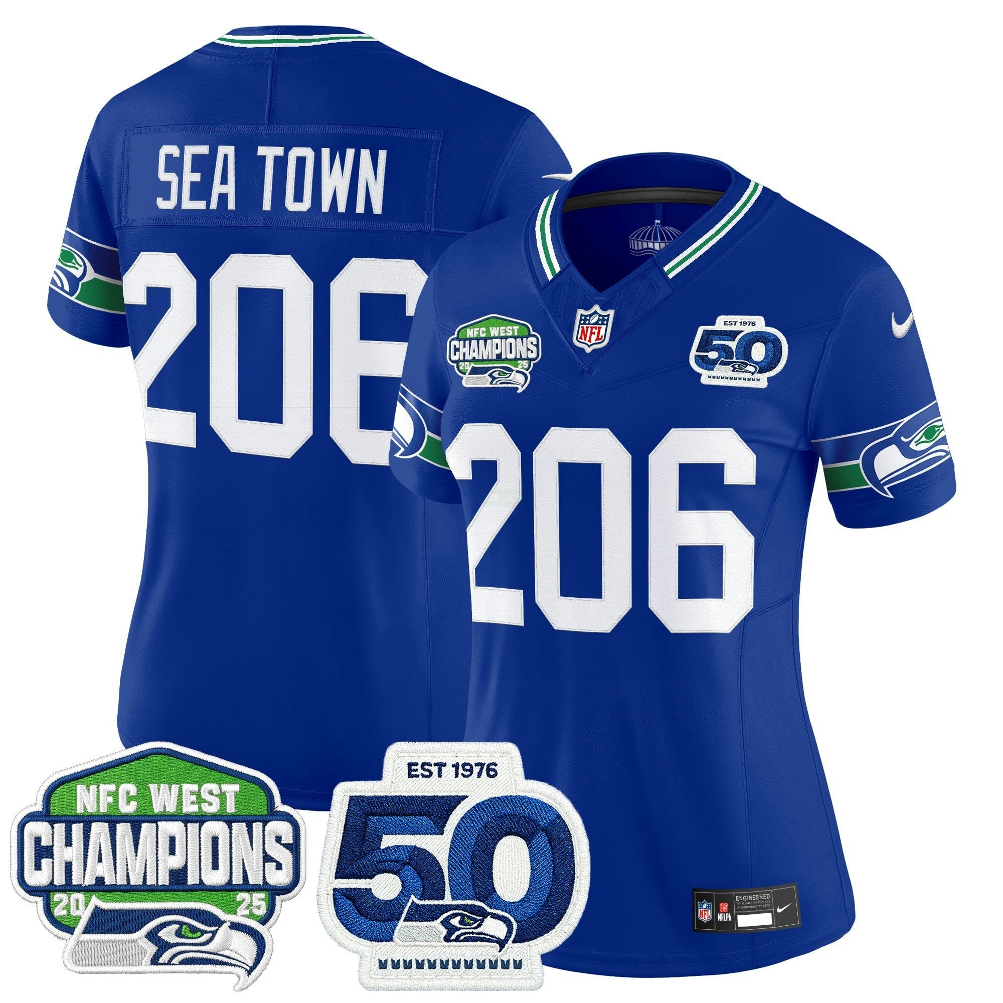 Camisa NFL Women’s Seattle 2025 NFC West Division Champions & 50th Anniversary Patch Vapor Limited Jersey