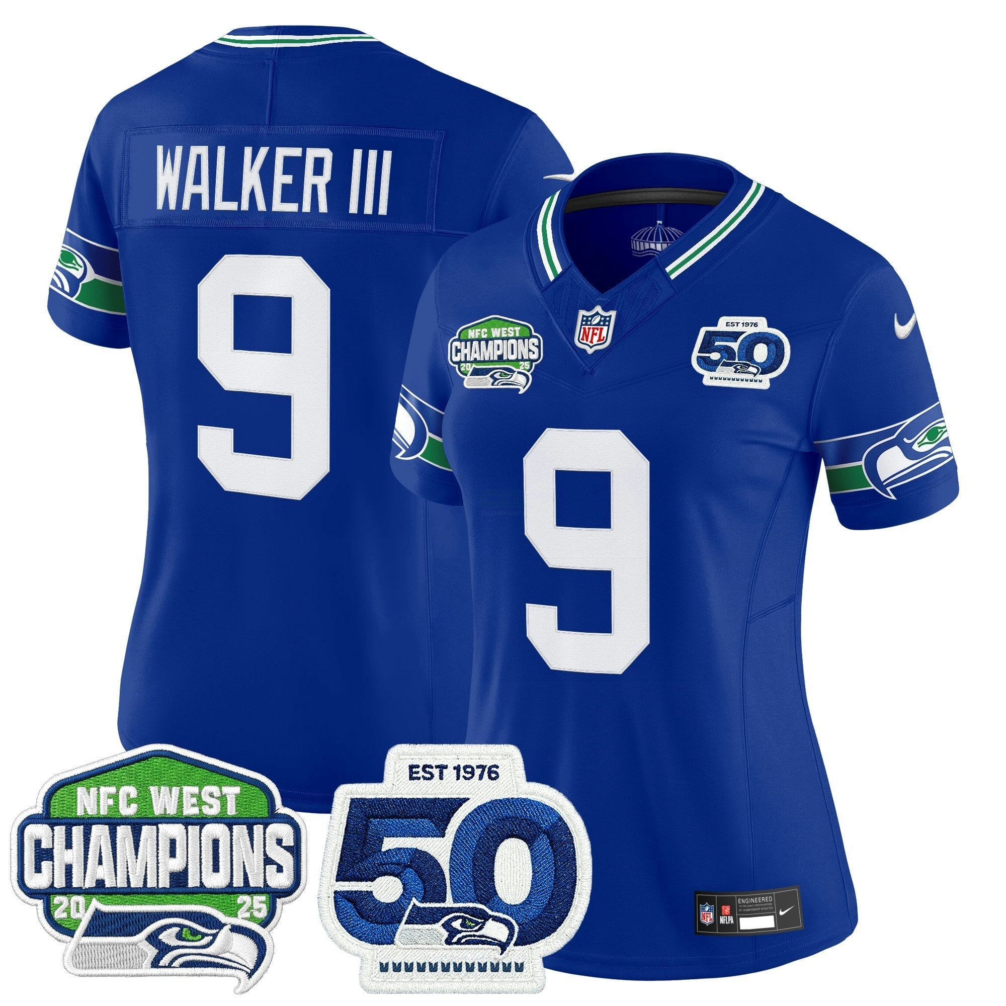 Camisa NFL Women’s Seattle 2025 NFC West Division Champions & 50th Anniversary Patch Vapor Limited Jersey