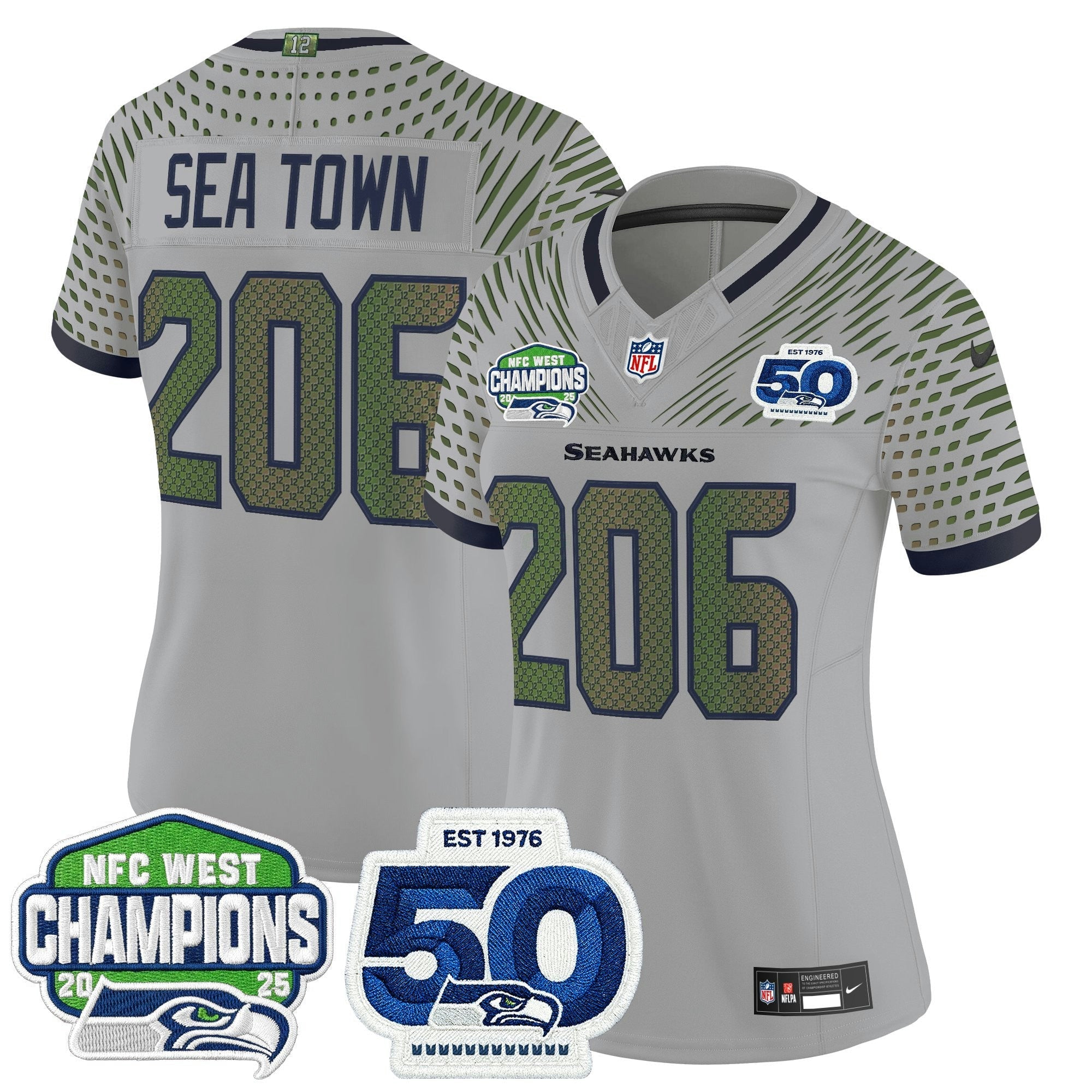 Camisa NFL Women’s Seattle 2025 NFC West Division Champions & 50th Anniversary Patch Vapor Limited Jersey