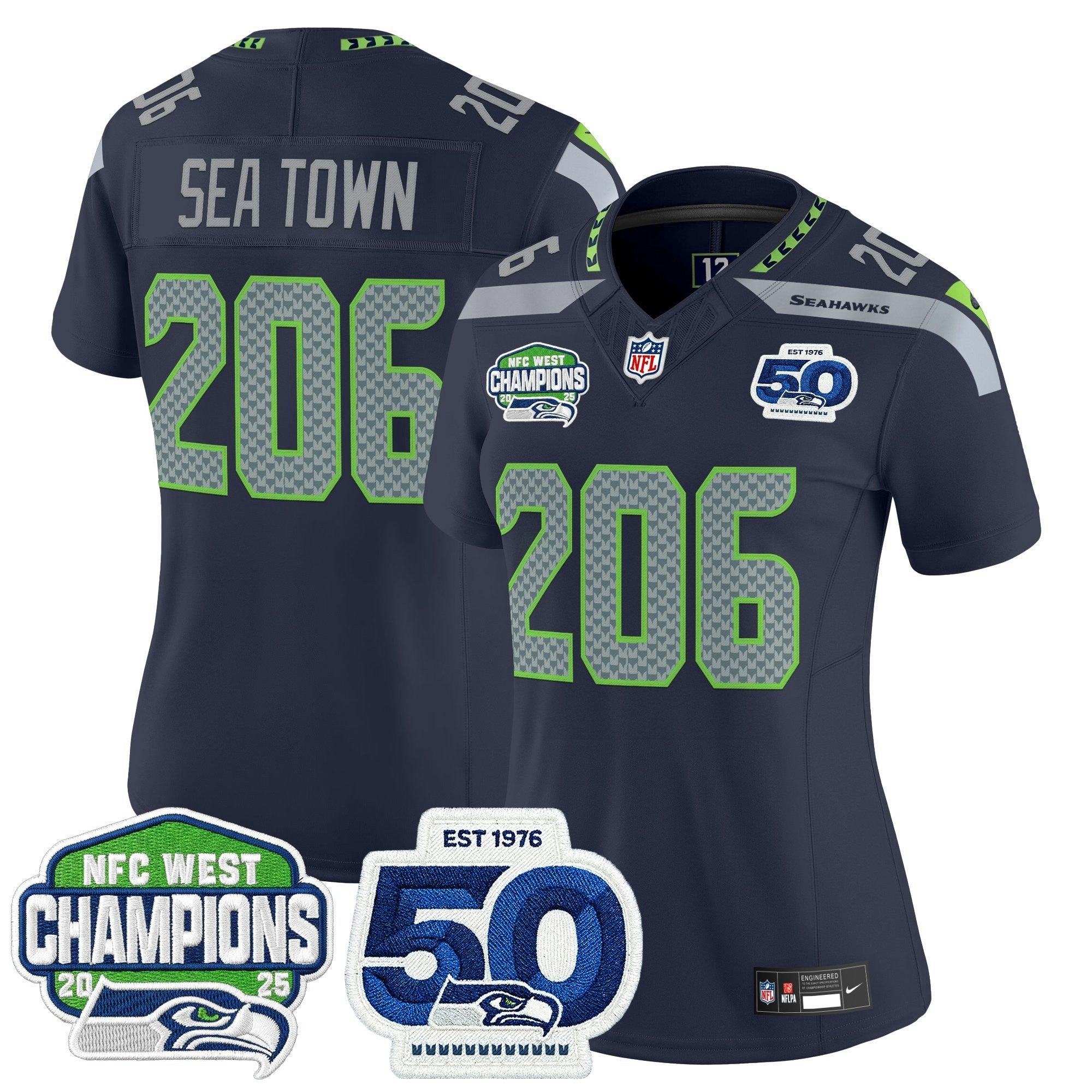 Camisa NFL Women’s Seattle 2025 NFC West Division Champions & 50th Anniversary Patch Vapor Limited Jersey