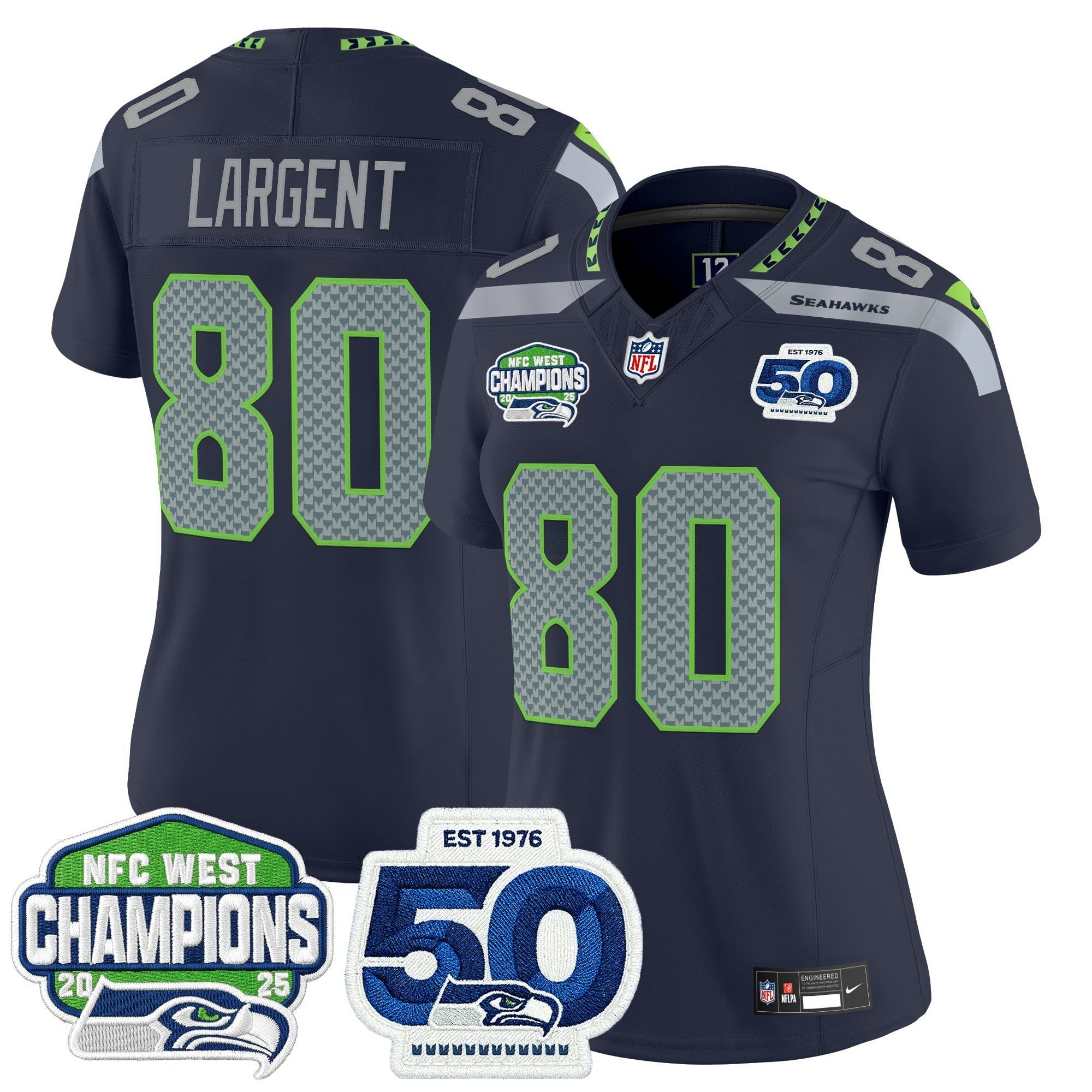 Camisa NFL Women’s Seattle 2025 NFC West Division Champions & 50th Anniversary Patch Vapor Limited Jersey
