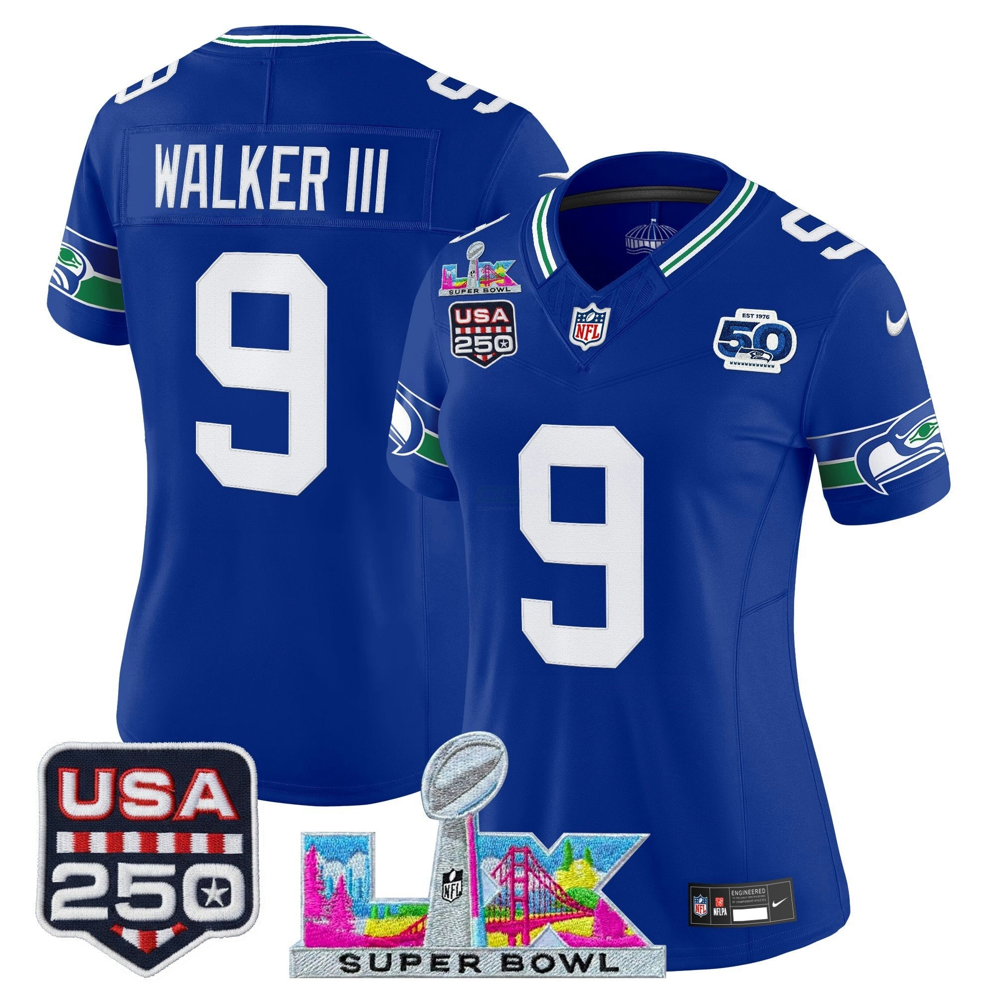 Camisa NFL Women’s Seattle “Super Bowl LX & United States 250th Anniversary Patch” Vapor Limited Jersey