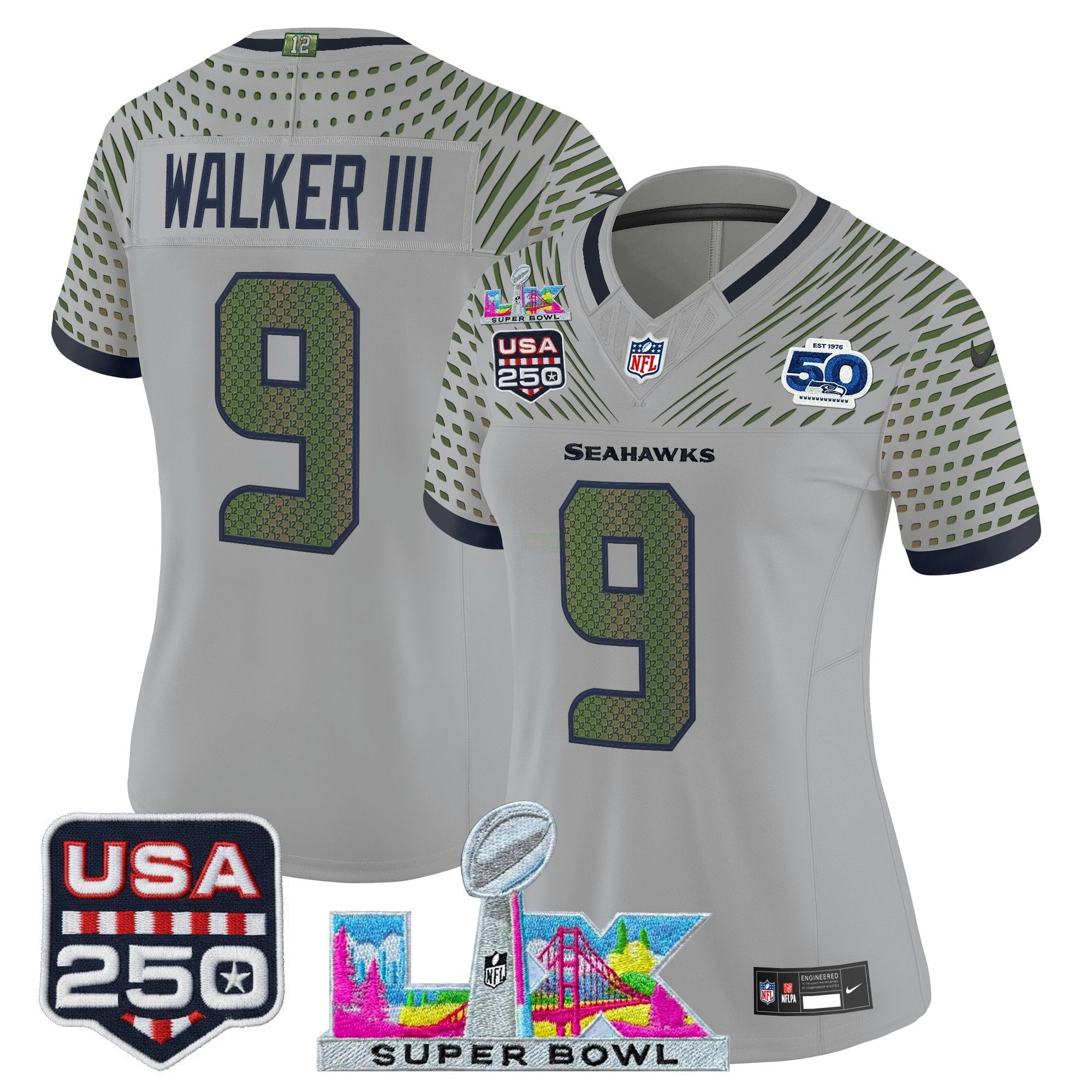 Camisa NFL Women’s Seattle “Super Bowl LX & United States 250th Anniversary Patch” Vapor Limited Jersey