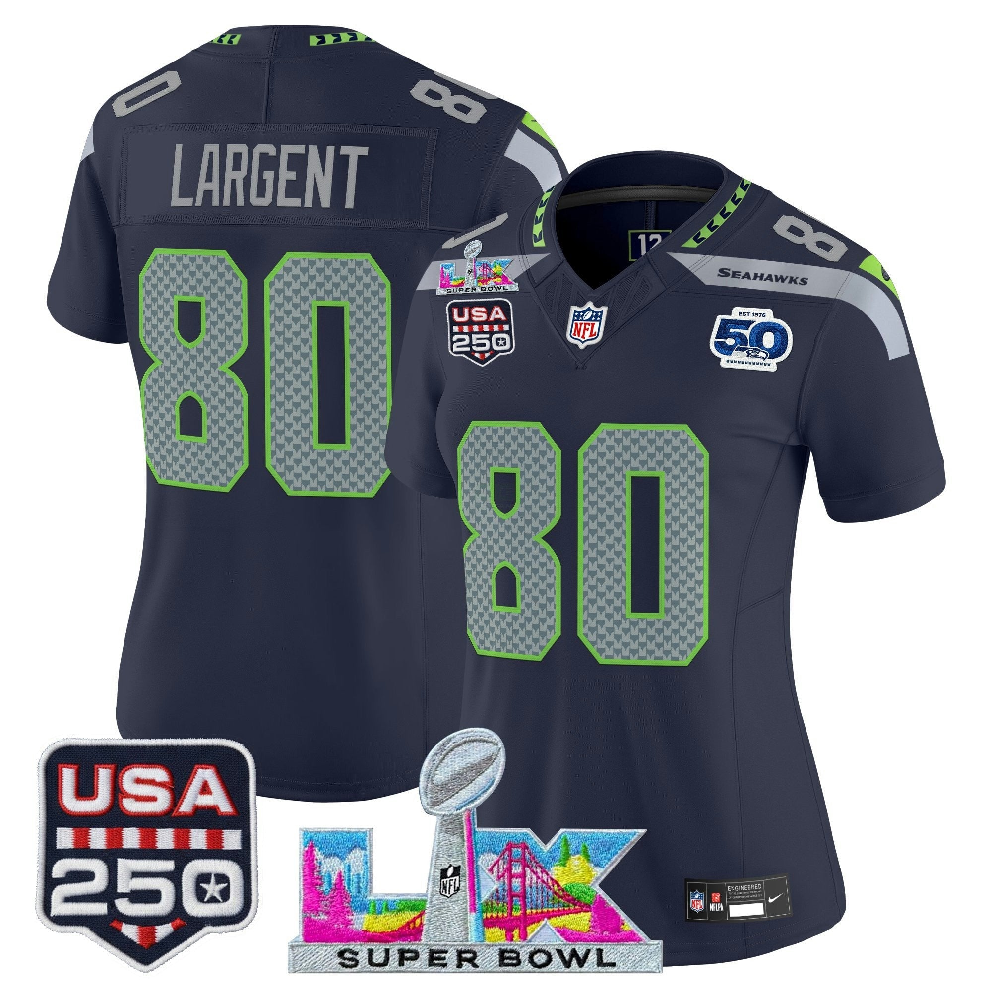 Camisa NFL Women’s Seattle “Super Bowl LX & United States 250th Anniversary Patch” Vapor Limited Jersey