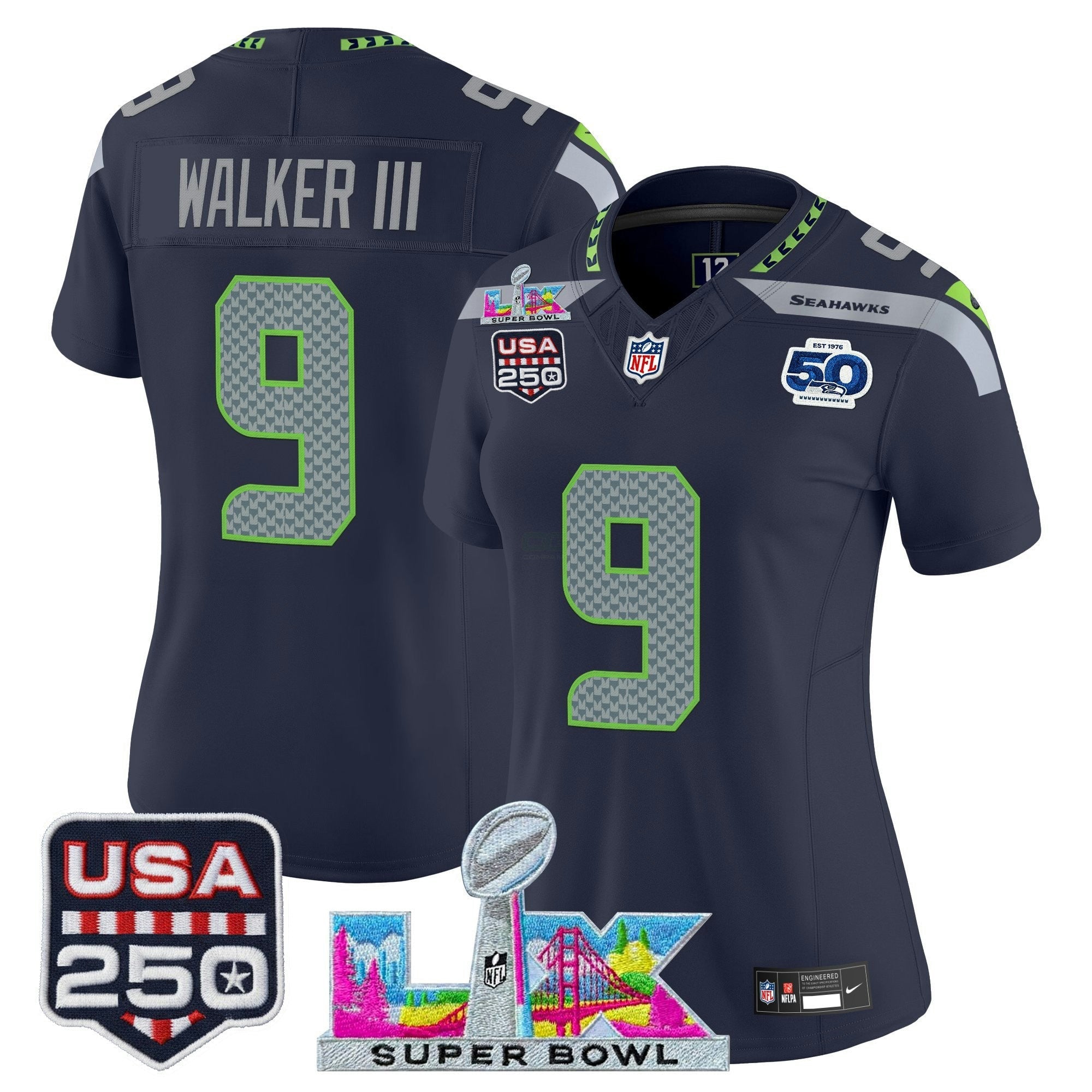 Camisa NFL Women’s Seattle “Super Bowl LX & United States 250th Anniversary Patch” Vapor Limited Jersey