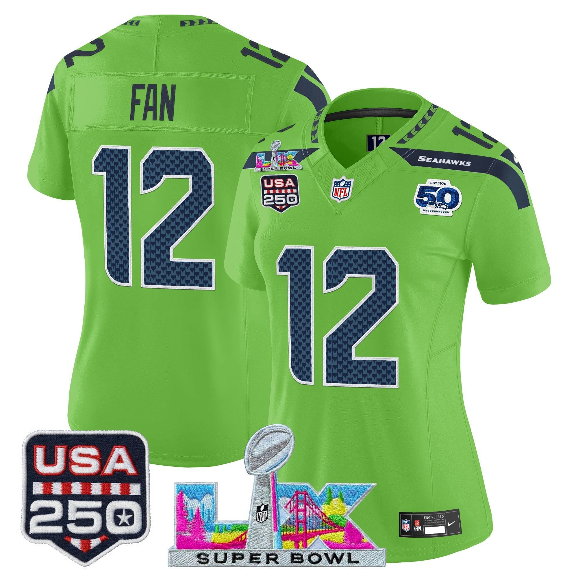 Camisa NFL Women’s Seattle “Super Bowl LX & United States 250th Anniversary Patch” Vapor Limited Jersey