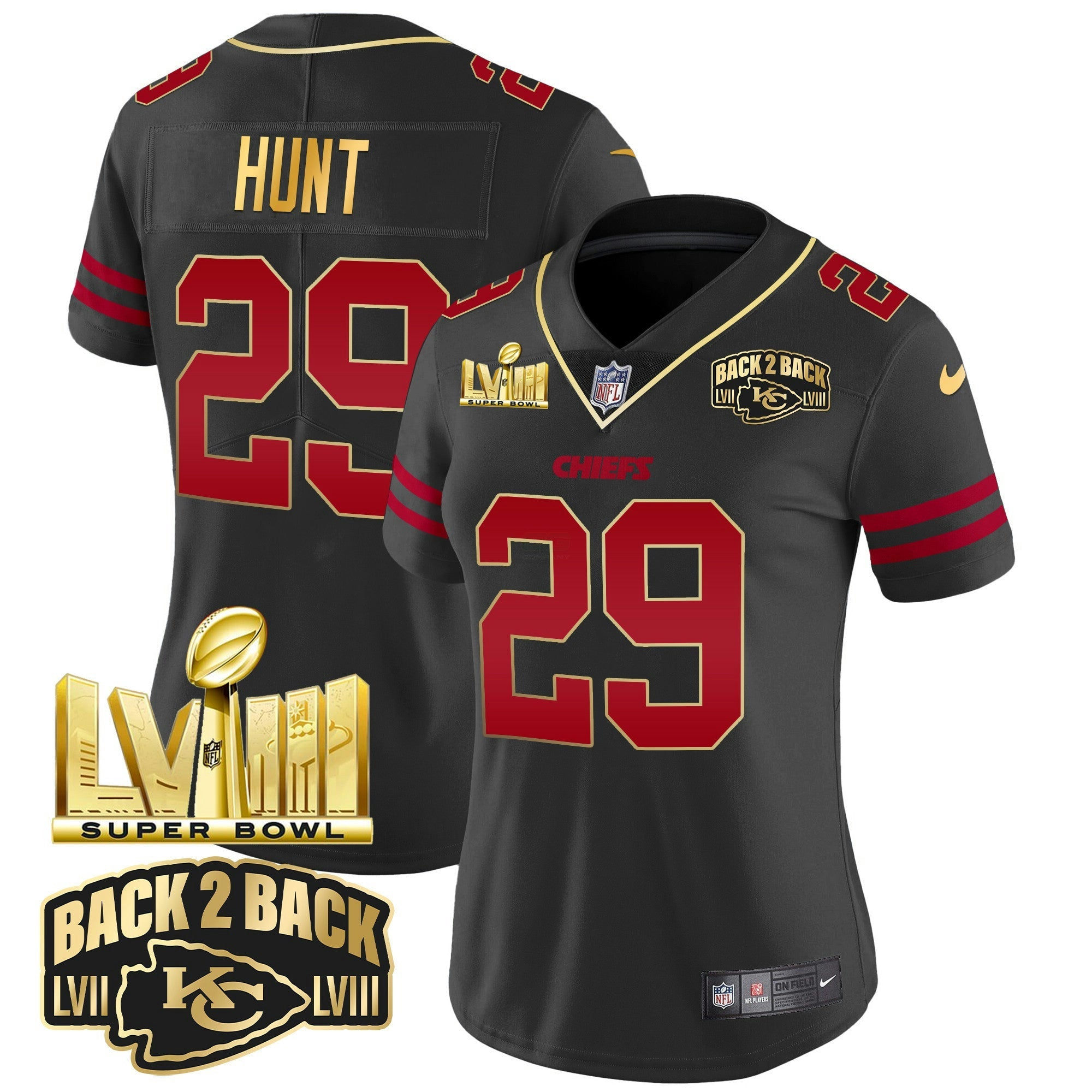 Camisa NFL Women’s Super Bowl LVIII & Back 2 Back Gold Patch Vapor Jersey
