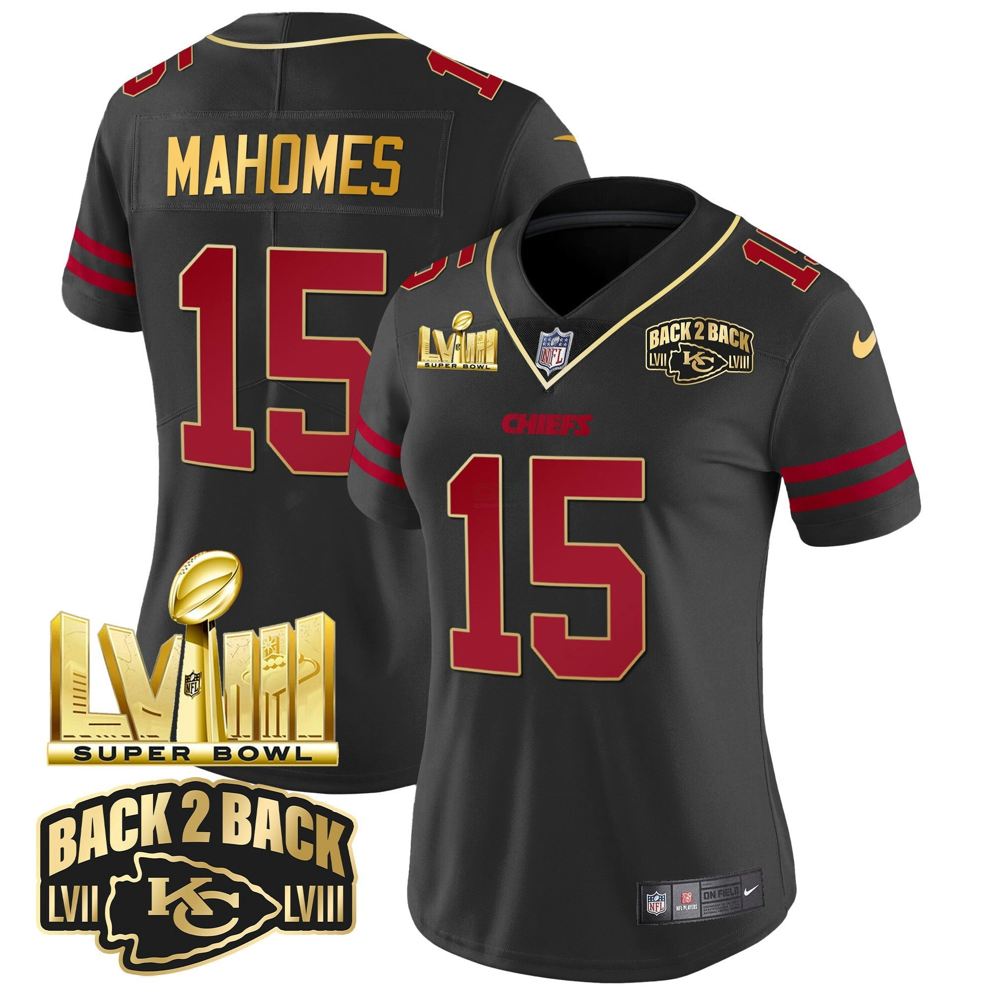 Camisa NFL Women’s Super Bowl LVIII & Back 2 Back Gold Patch Vapor Jersey