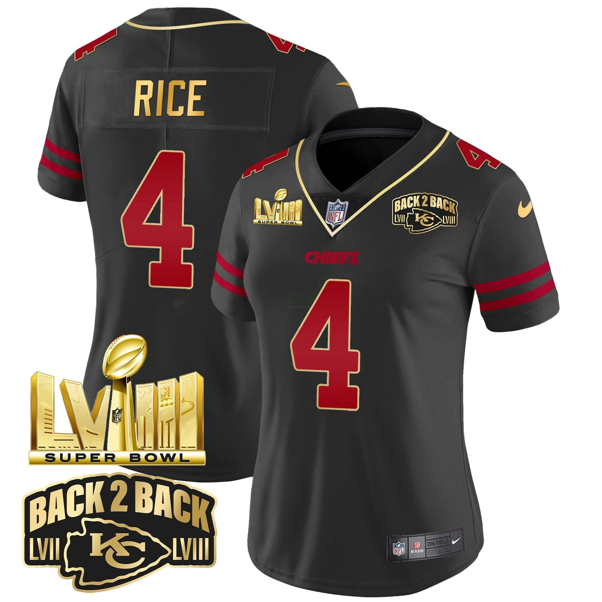 Camisa NFL Women’s Super Bowl LVIII & Back 2 Back Gold Patch Vapor Jersey