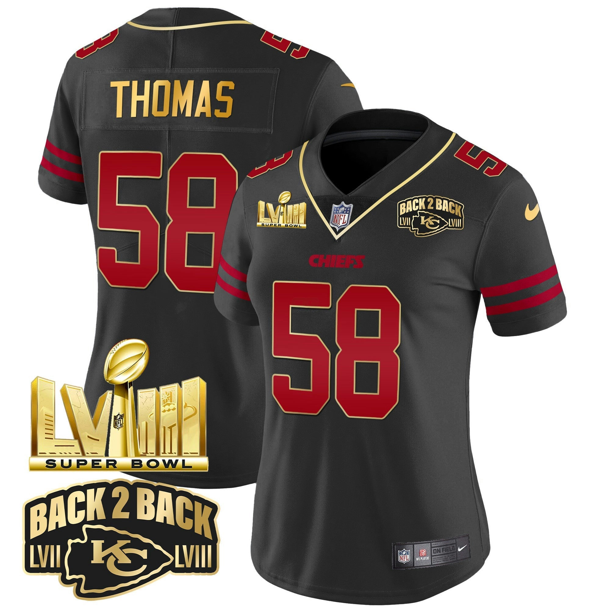 Camisa NFL Women’s Super Bowl LVIII & Back 2 Back Gold Patch Vapor Jersey