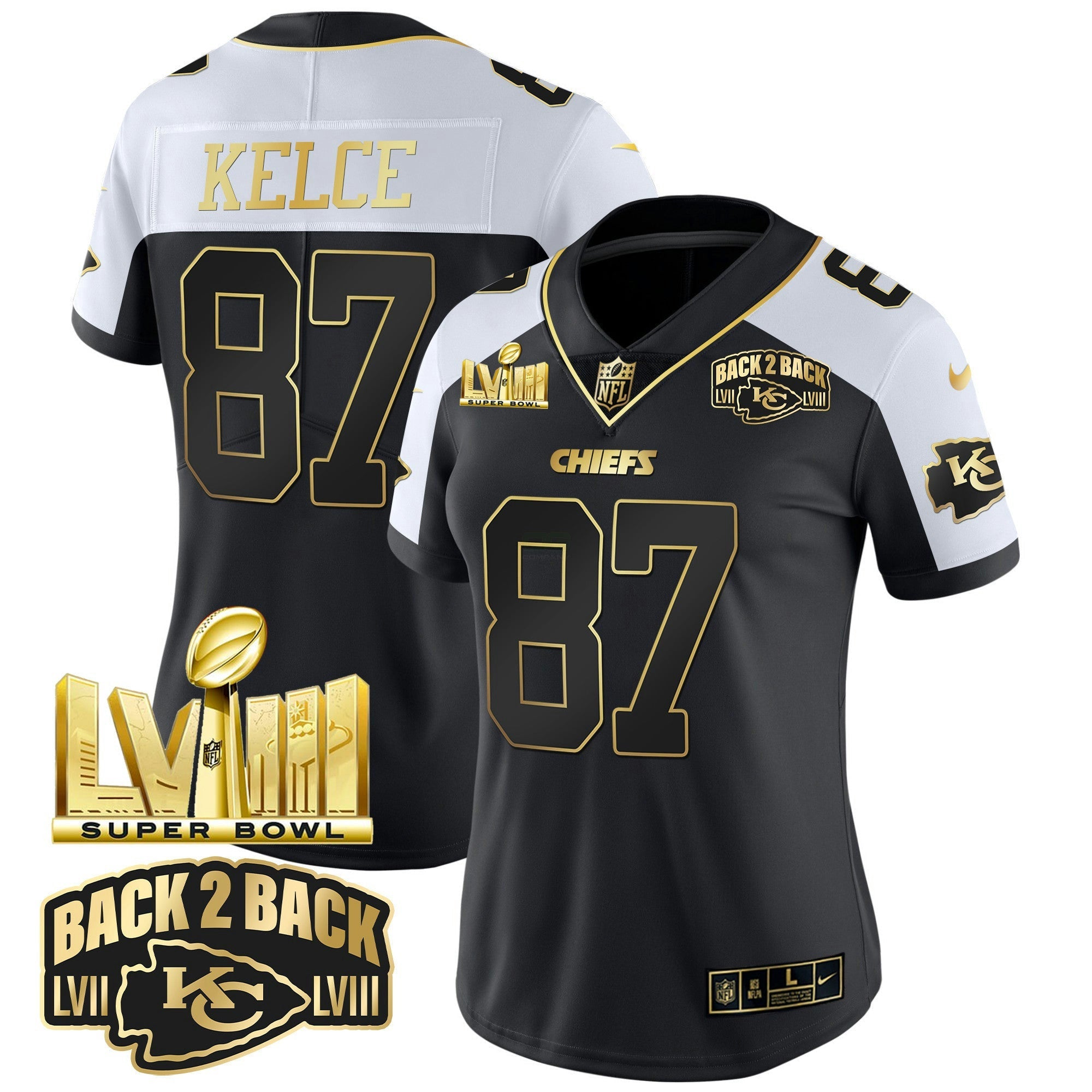 Camisa NFL Women’s Super Bowl LVIII & Back 2 Back Gold Patch Vapor Jersey V2