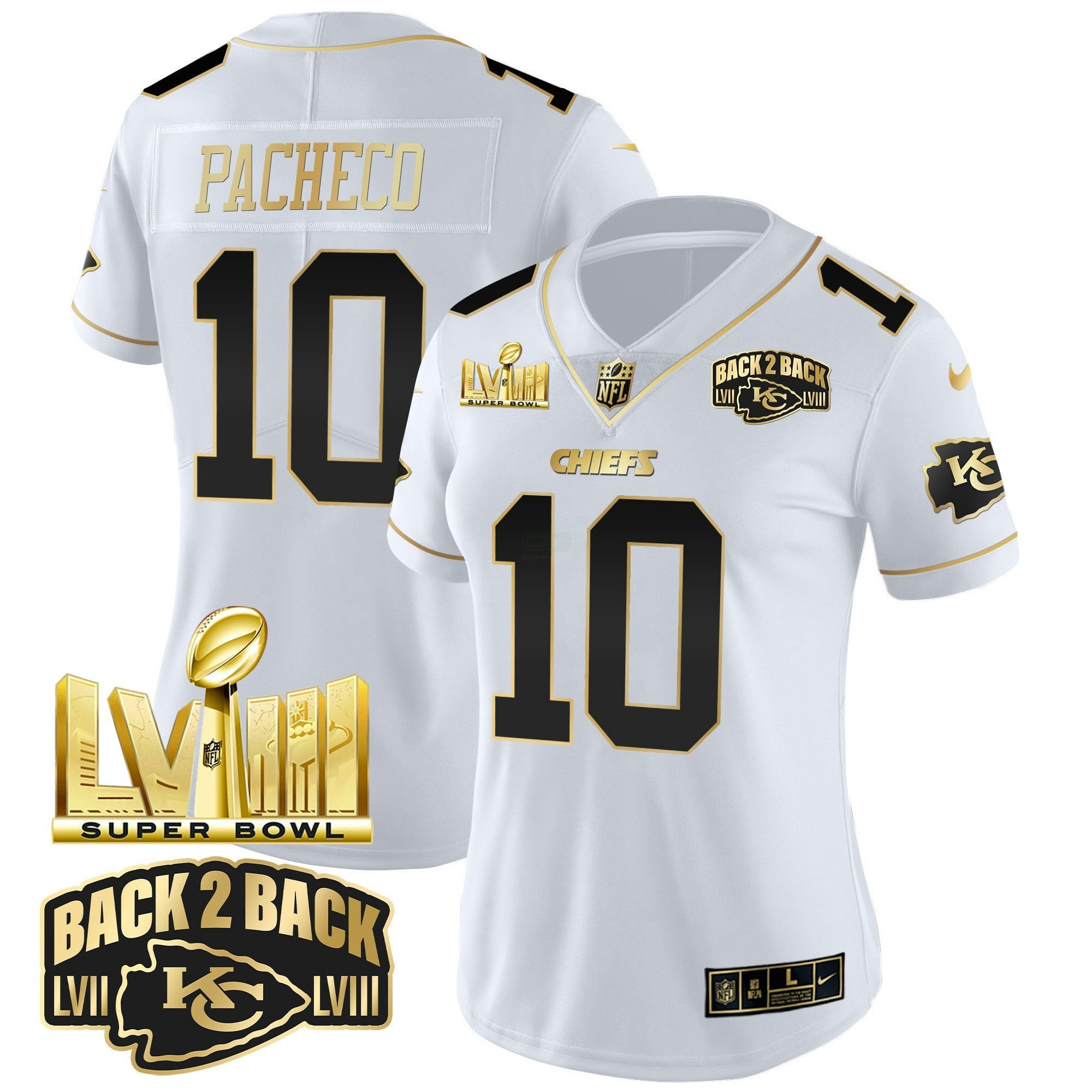 Camisa NFL Women’s Super Bowl LVIII & Back 2 Back Gold Patch Vapor Jersey V2