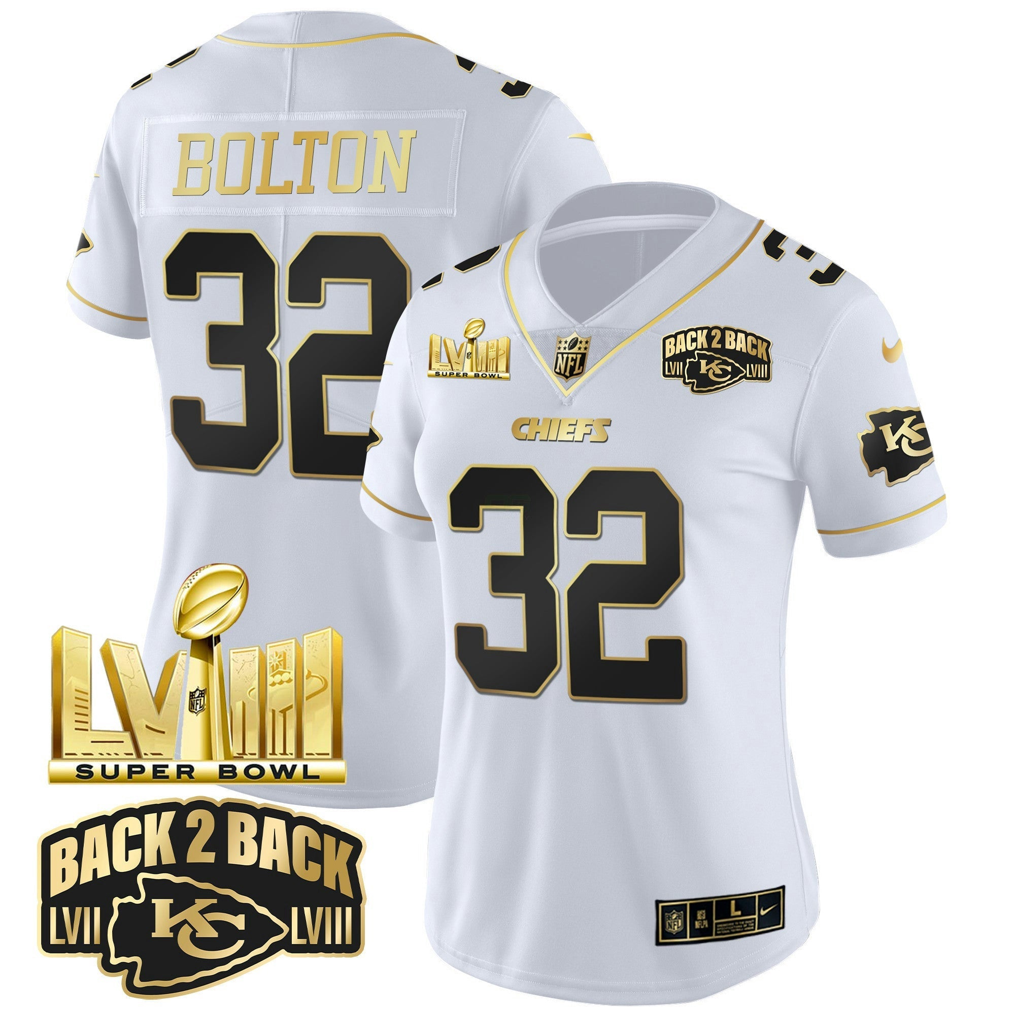Camisa NFL Women’s Super Bowl LVIII & Back 2 Back Gold Patch Vapor Jersey V2