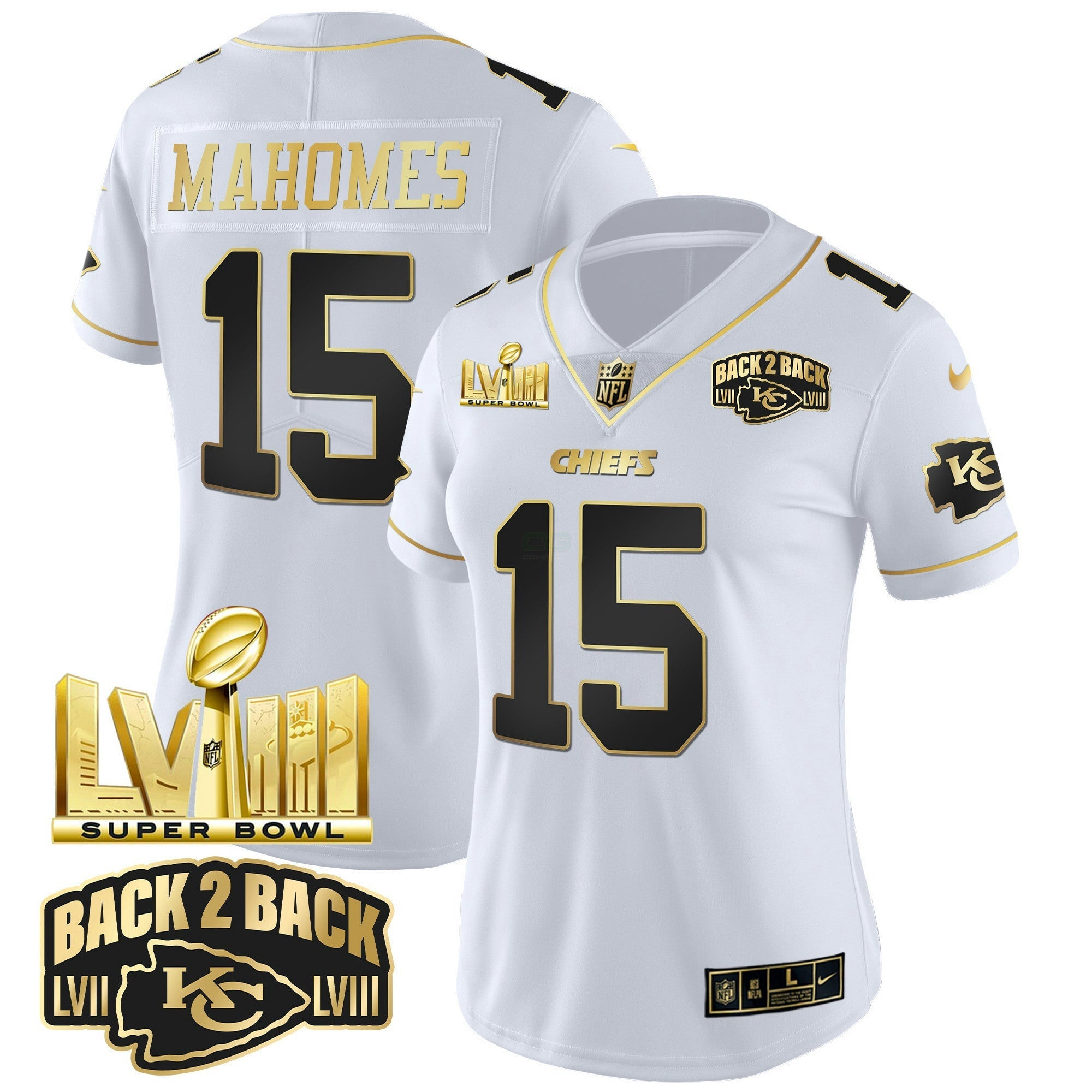 Camisa NFL Women’s Super Bowl LVIII & Back 2 Back Gold Patch Vapor Jersey V2