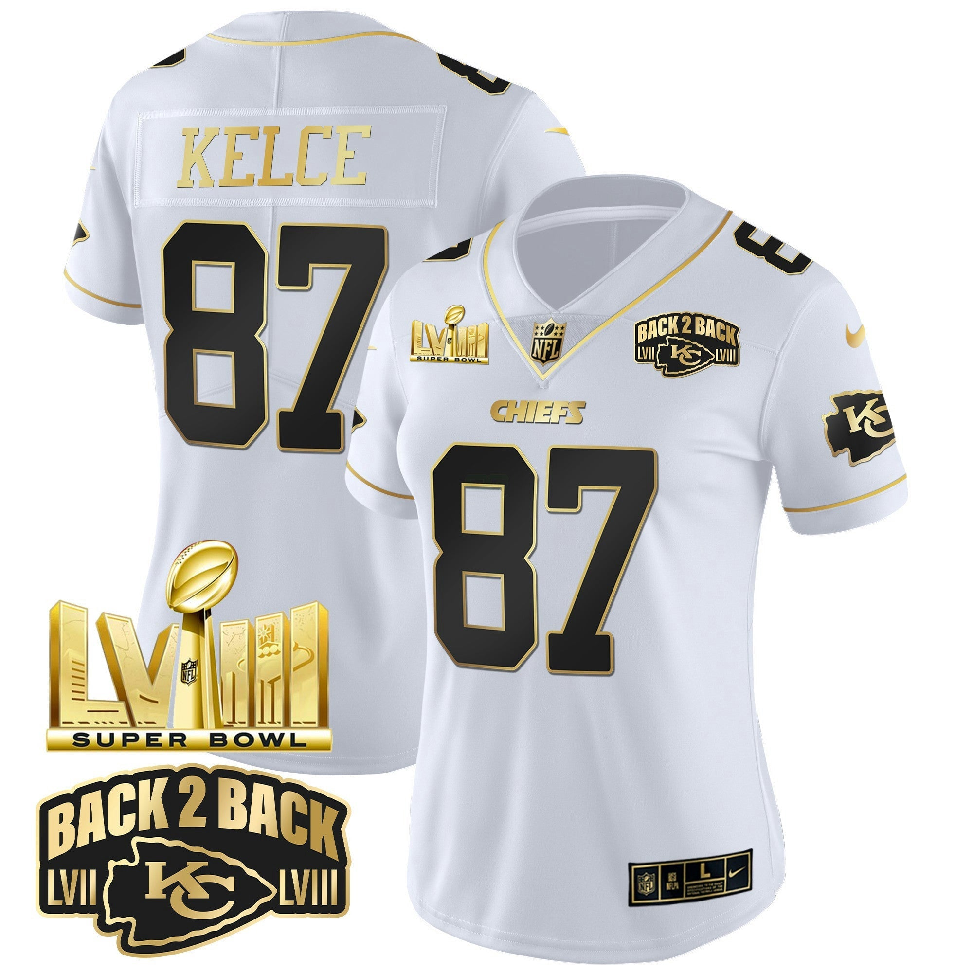 Camisa NFL Women’s Super Bowl LVIII & Back 2 Back Gold Patch Vapor Jersey V2