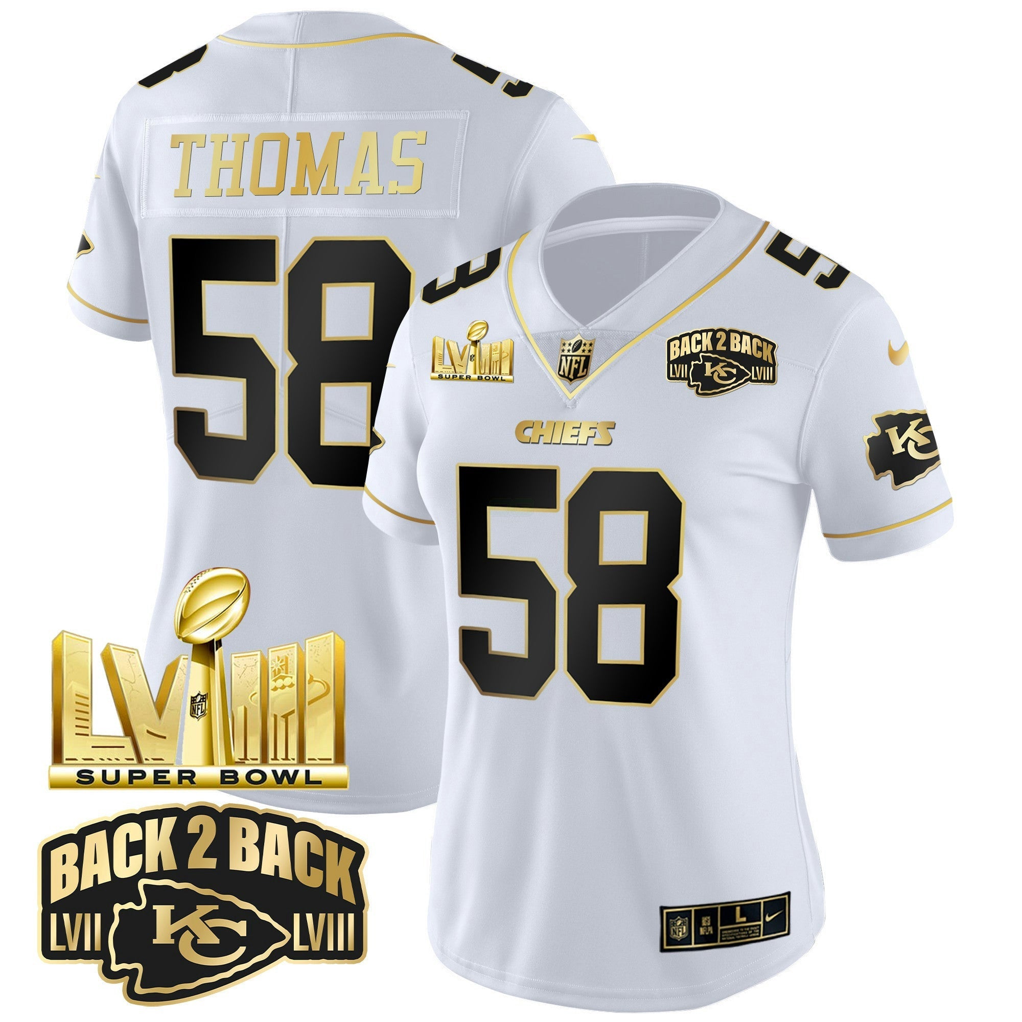 Camisa NFL Women’s Super Bowl LVIII & Back 2 Back Gold Patch Vapor Jersey V2