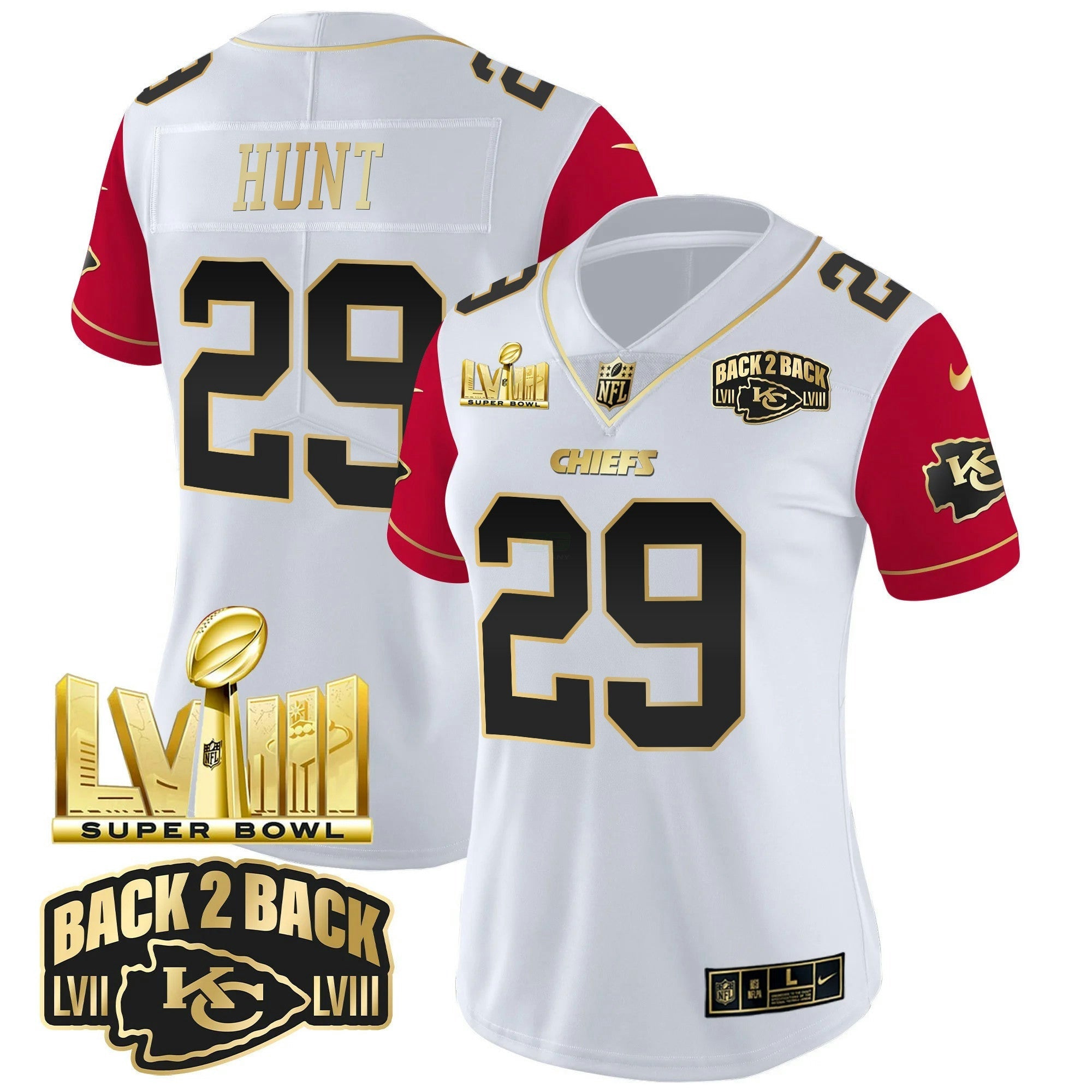 Camisa NFL Women’s Super Bowl LVIII & Back 2 Back Gold Patch Vapor Jersey V2
