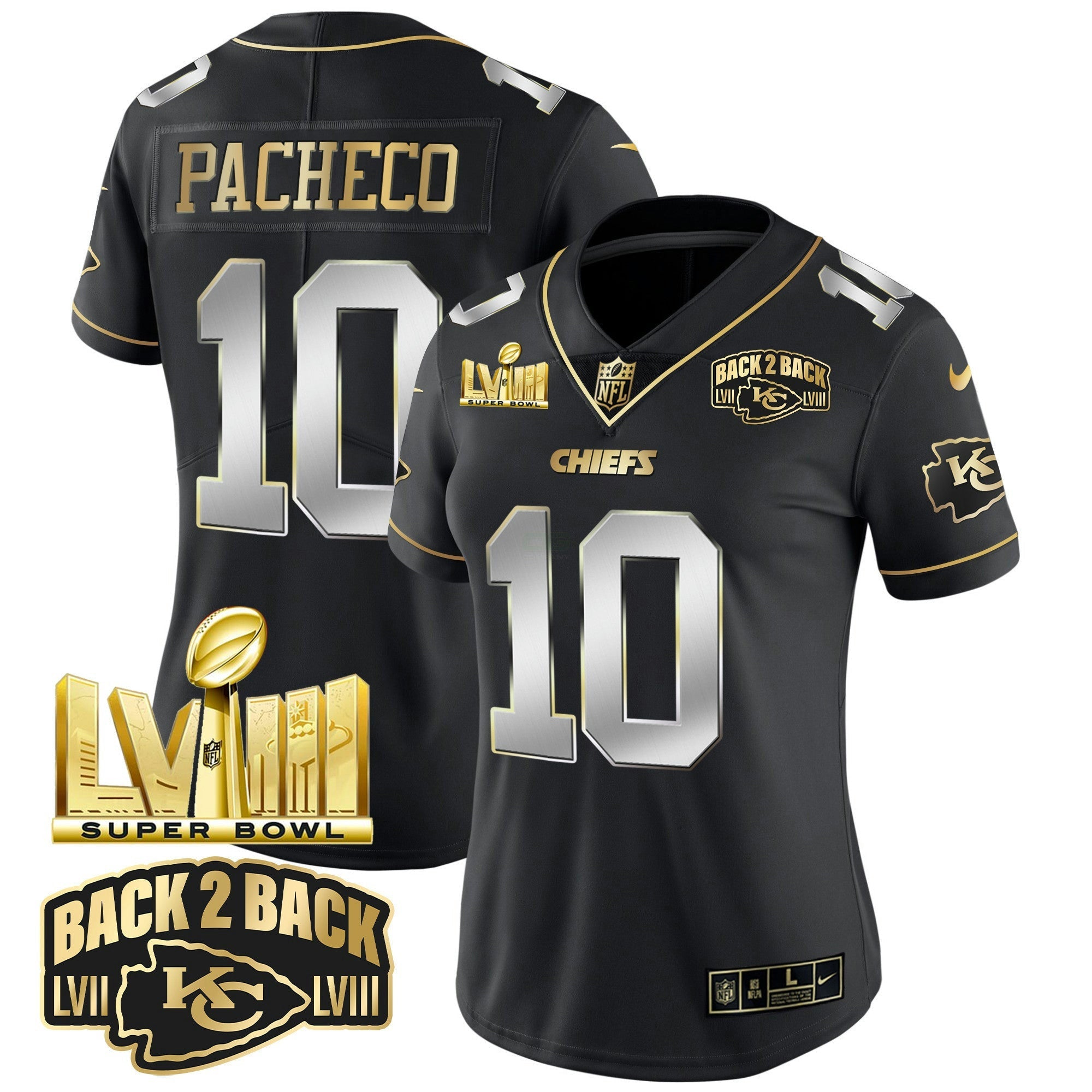 Camisa NFL Women’s Super Bowl LVIII & Back 2 Back Gold Patch Vapor Jersey V2
