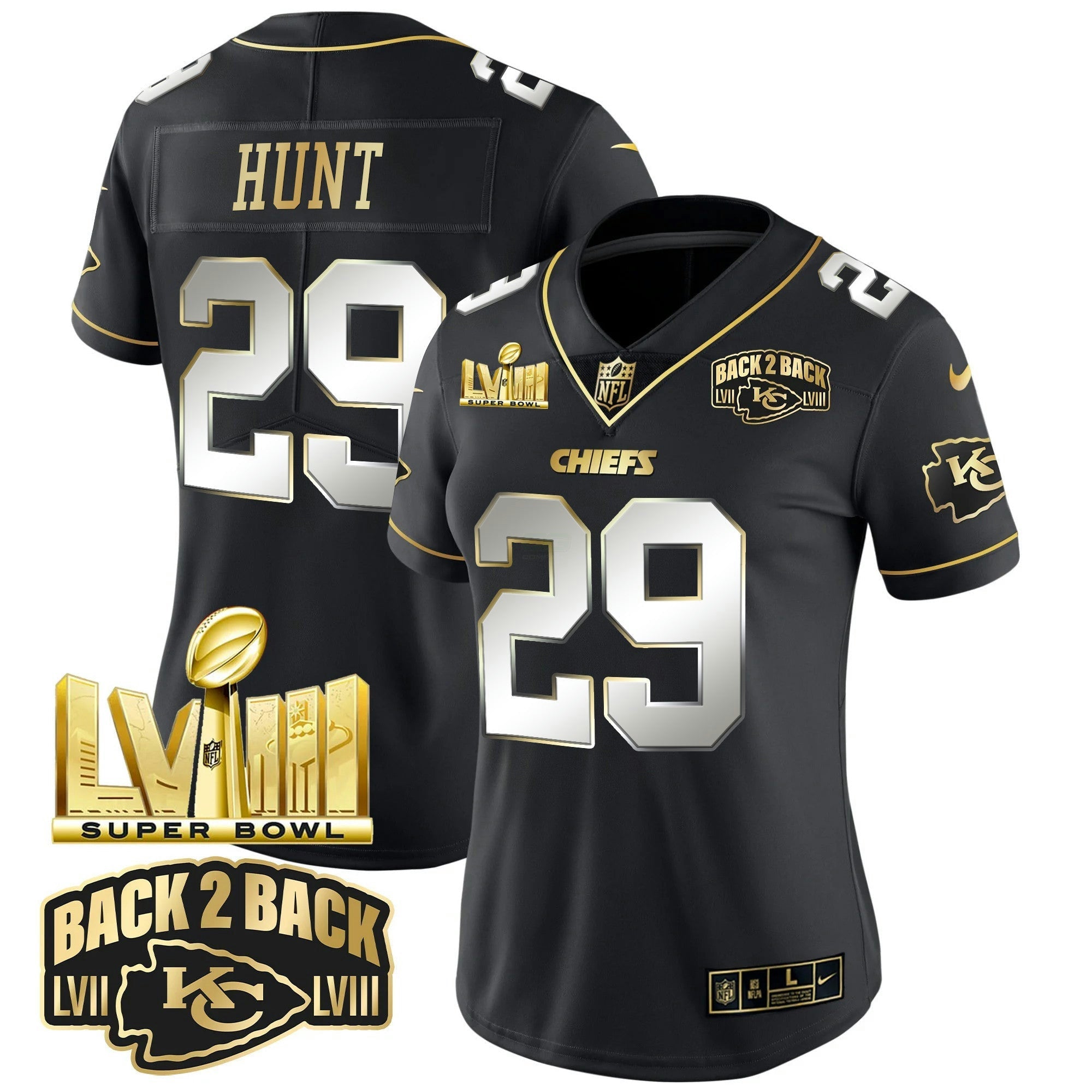 Camisa NFL Women’s Super Bowl LVIII & Back 2 Back Gold Patch Vapor Jersey V2