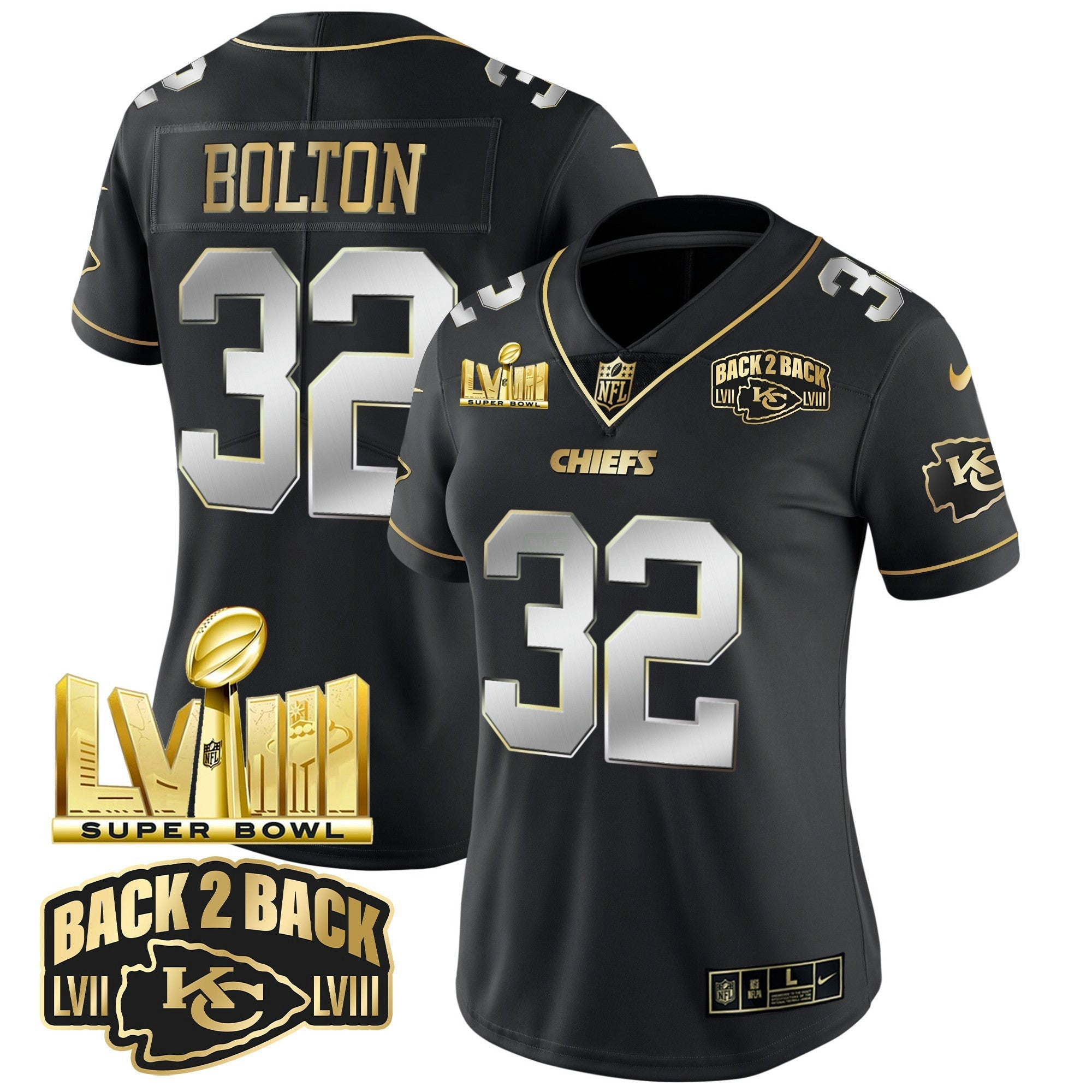 Camisa NFL Women’s Super Bowl LVIII & Back 2 Back Gold Patch Vapor Jersey V2