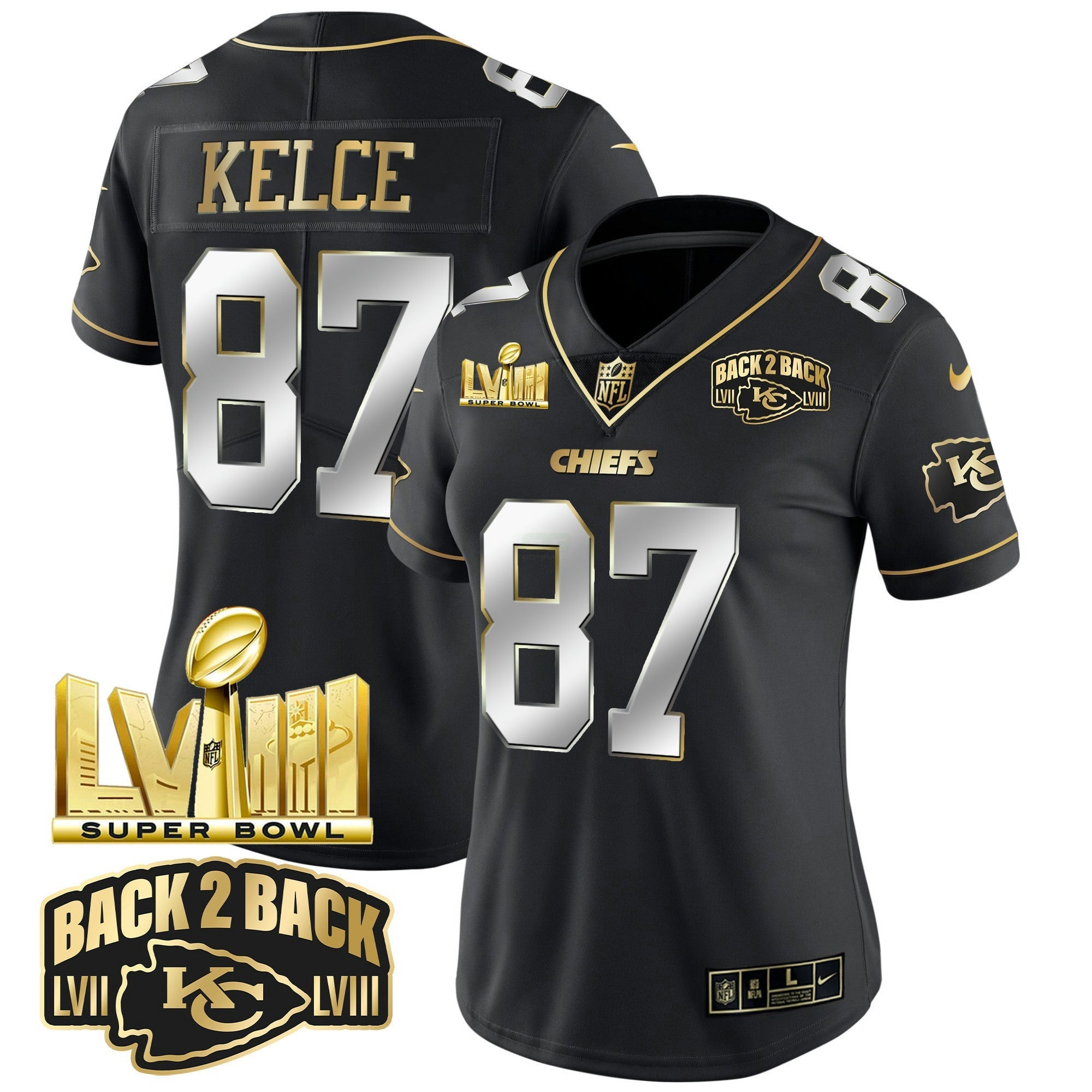 Camisa NFL Women’s Super Bowl LVIII & Back 2 Back Gold Patch Vapor Jersey V2