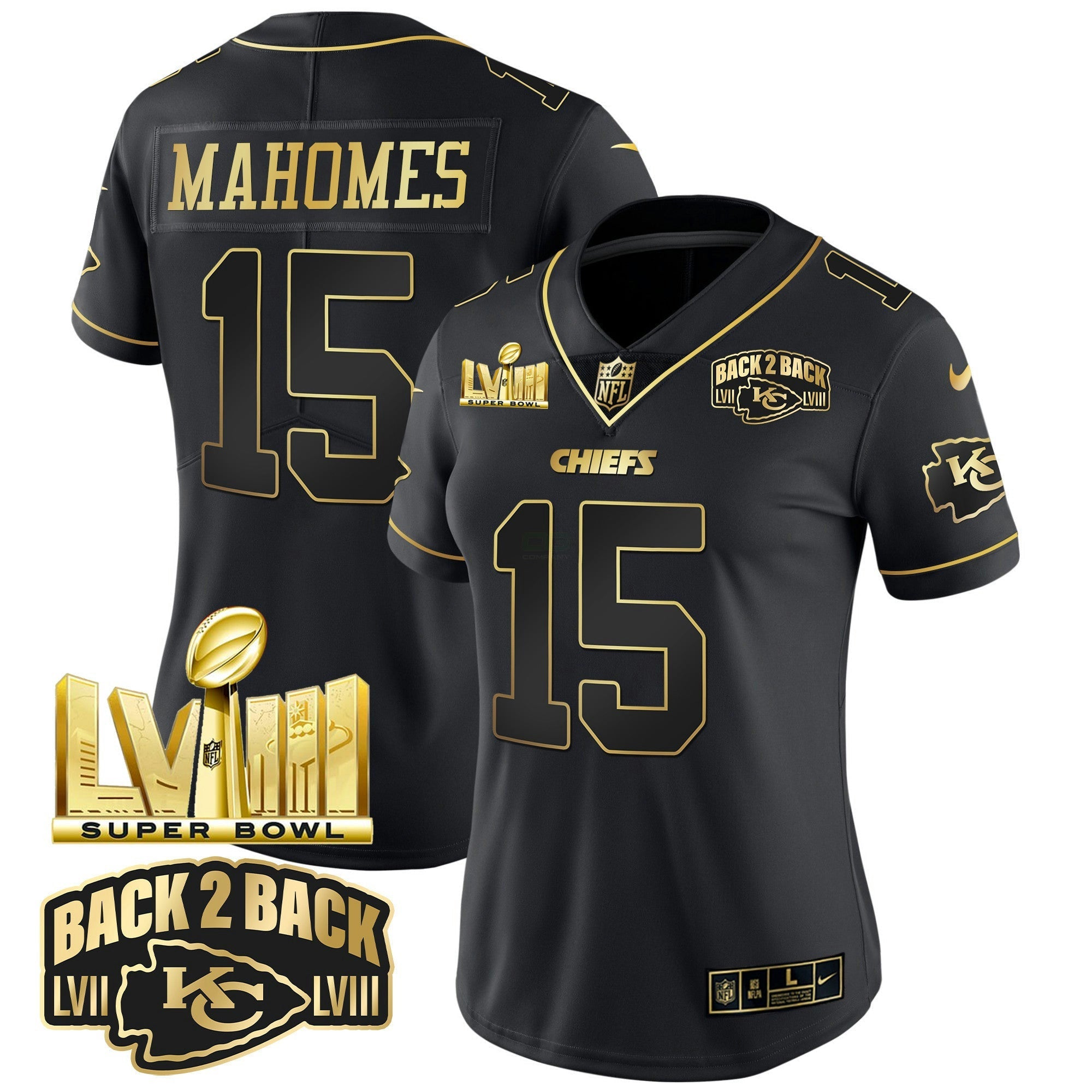 Camisa NFL Women’s Super Bowl LVIII & Back 2 Back Gold Patch Vapor Jersey V2