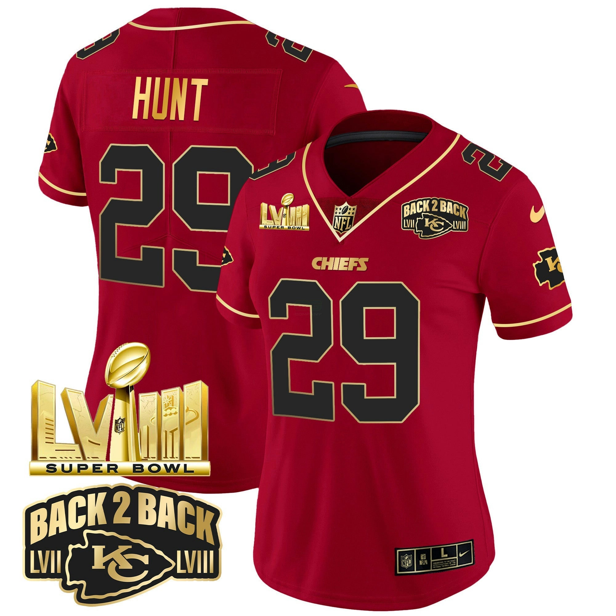 Camisa NFL Women’s Super Bowl LVIII & Back 2 Back Gold Patch Vapor Jersey