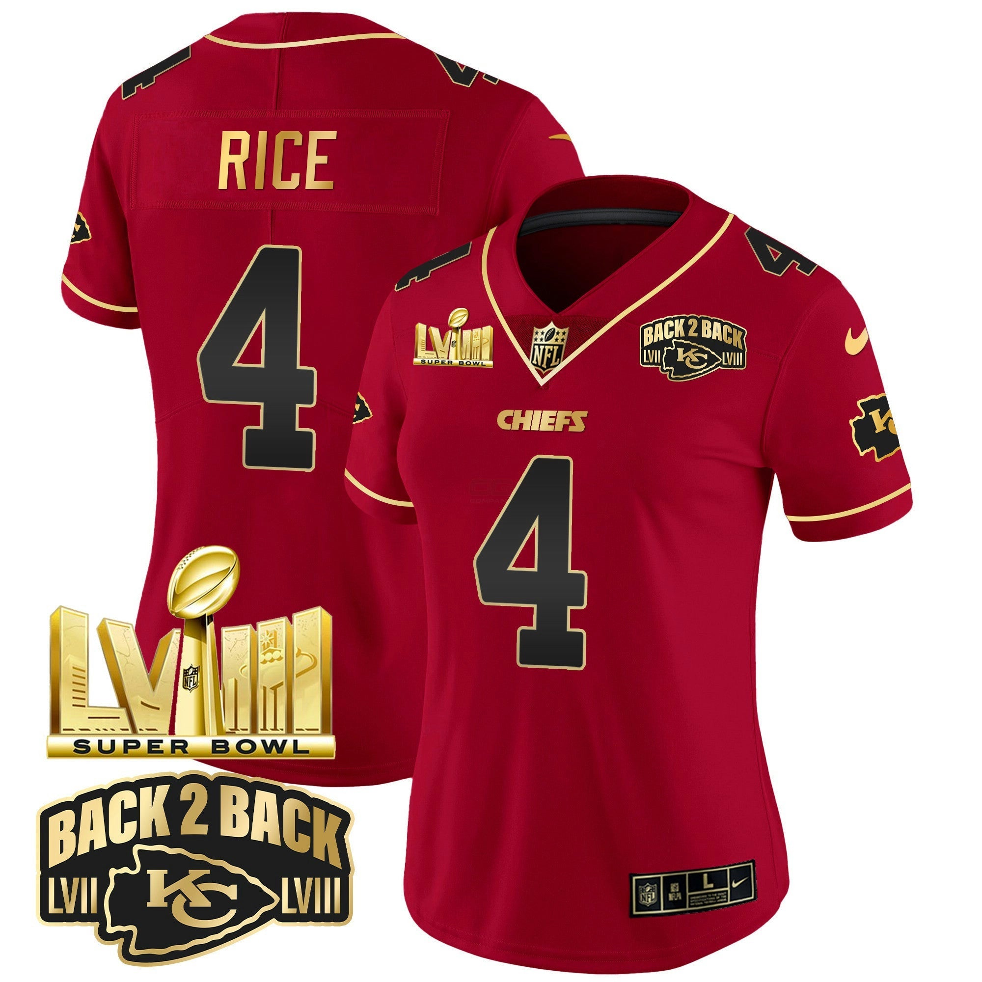 Camisa NFL Women’s Super Bowl LVIII & Back 2 Back Gold Patch Vapor Jersey
