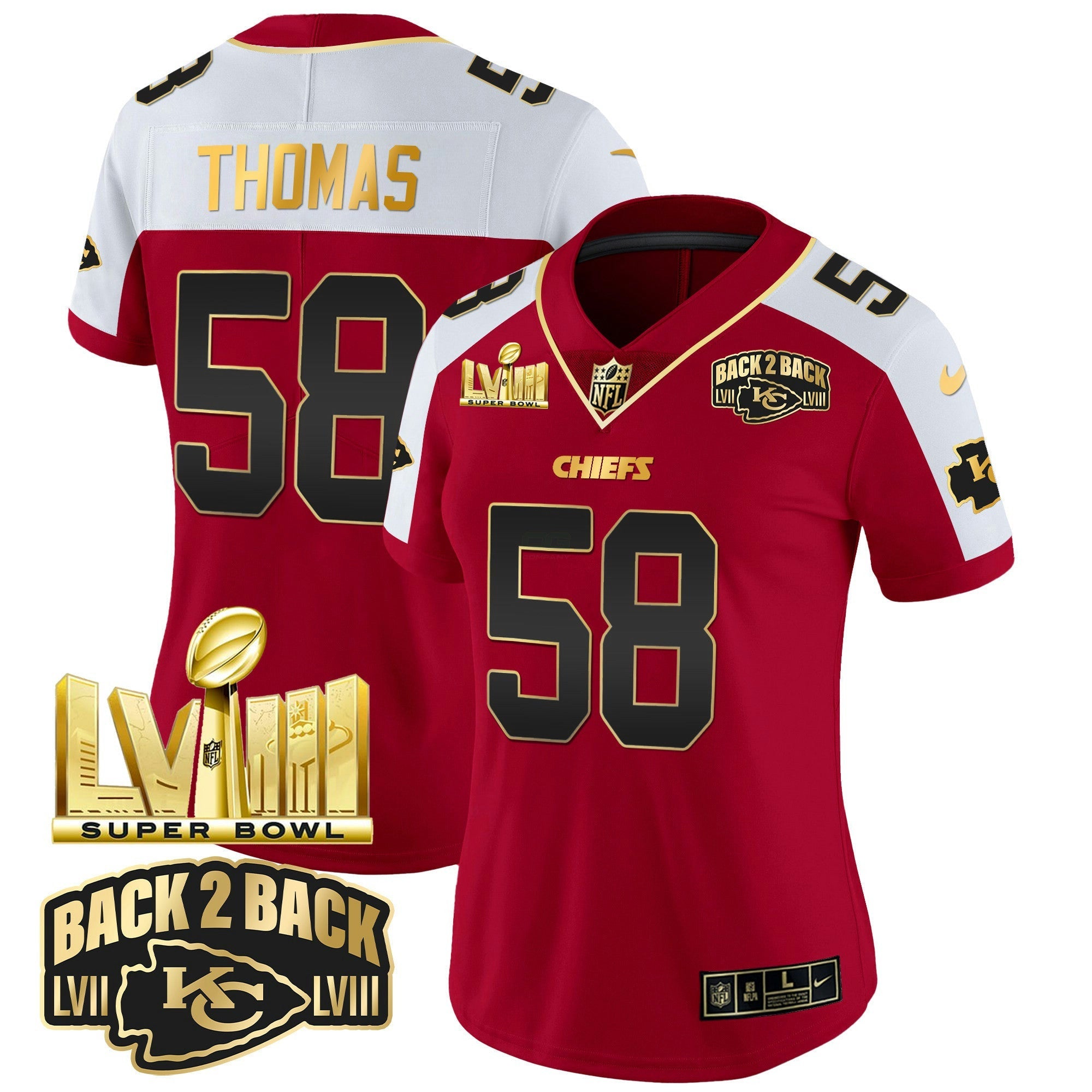 Camisa NFL Women’s Super Bowl LVIII & Back 2 Back Gold Patch Vapor Jersey