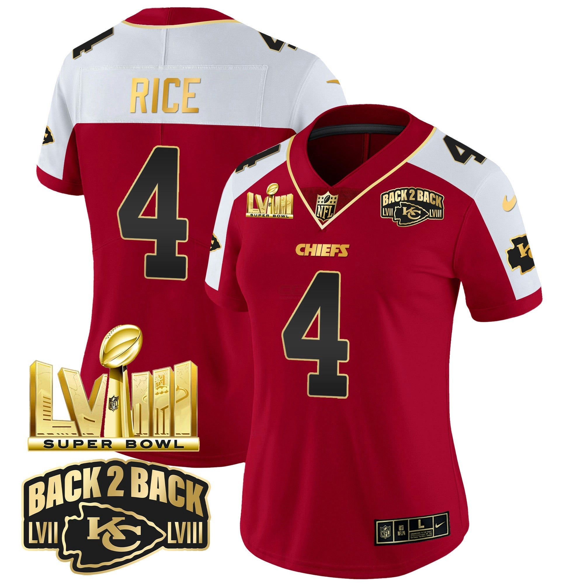 Camisa NFL Women’s Super Bowl LVIII & Back 2 Back Gold Patch Vapor Jersey