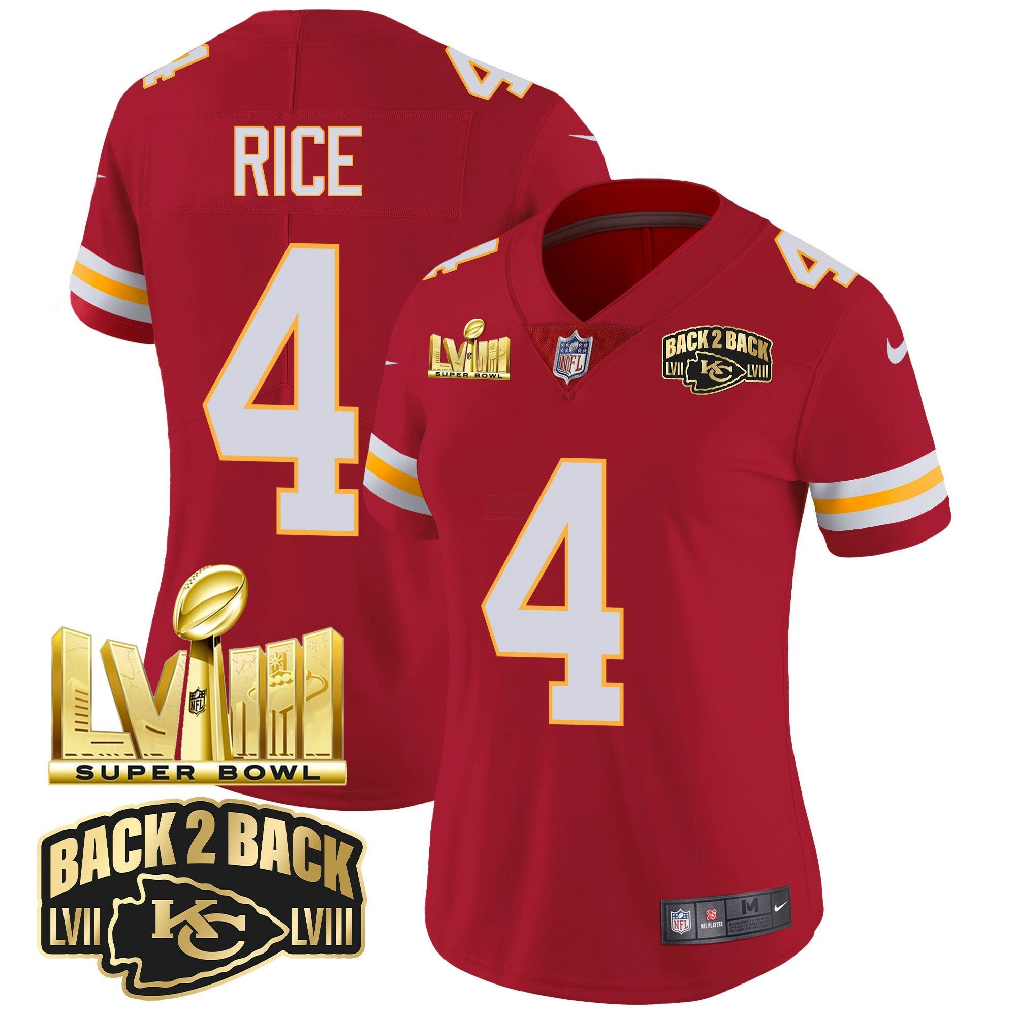 Camisa NFL Women’s Super Bowl LVIII & Back 2 Back Gold Patch Vapor Jersey