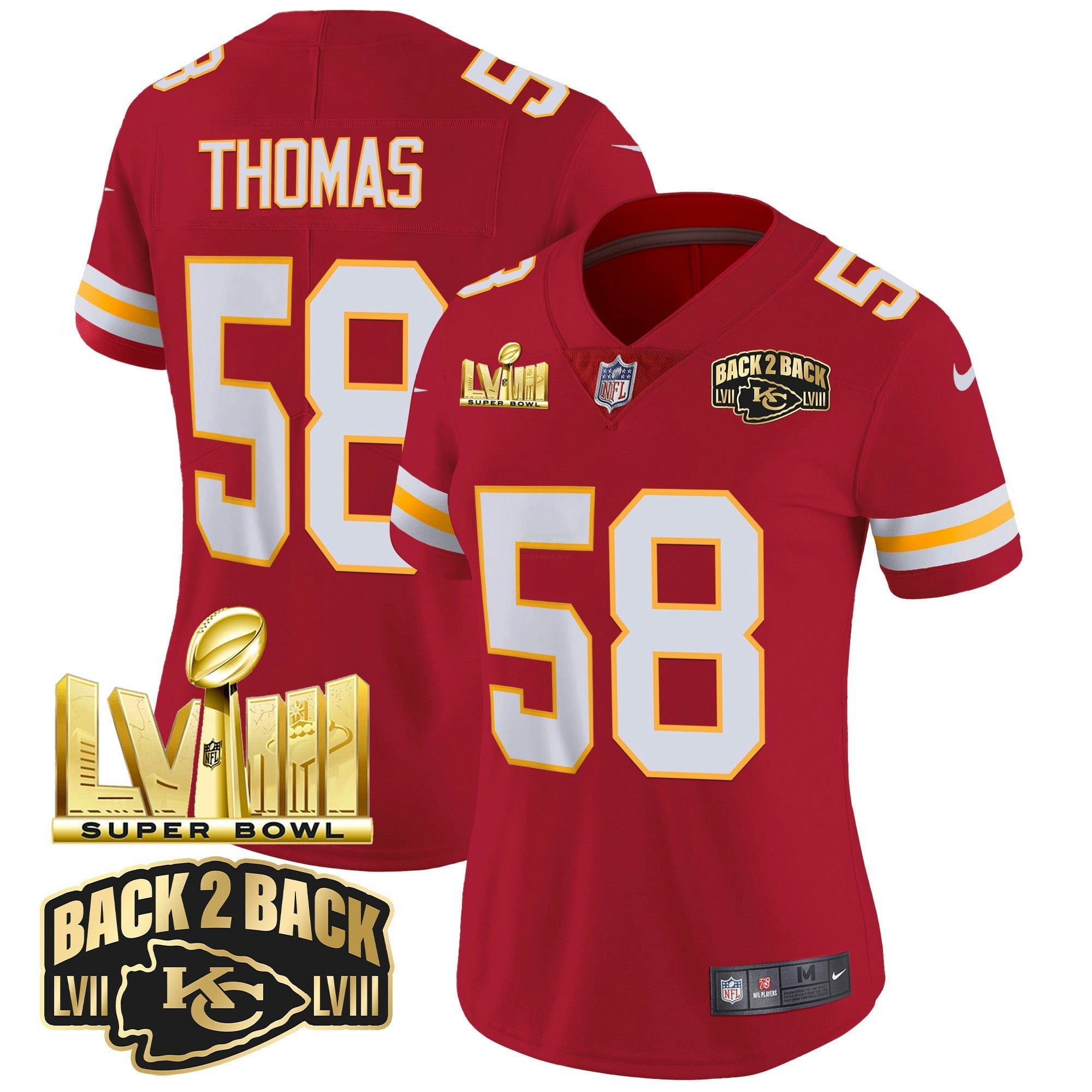 Camisa NFL Women’s Super Bowl LVIII & Back 2 Back Gold Patch Vapor Jersey